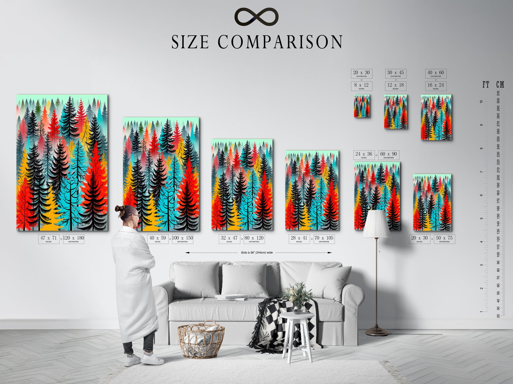 Size comparison chart in an interior setting. See how this colorful forest artwork fits in your space. The abstract tree wall art is available in various sizes. Find the perfect modern woodland print for your home. This tree canvas enhances any room. Ideal for bedroom art or living room wall art. Perfect wall decoration.
