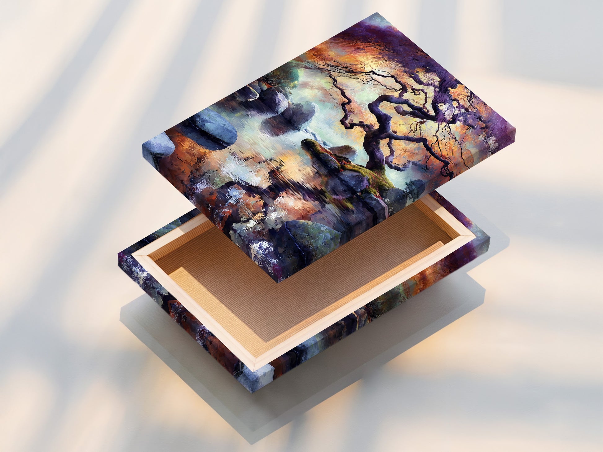 This image shows a stretched canvas print of the Japanese Tree art. The zen water reflection adds depth and beauty. The Asian landscape artwork complements minimalist interiors. This artwork is perfect for apartment dwellers. It offers a touch of nature and tranquility.