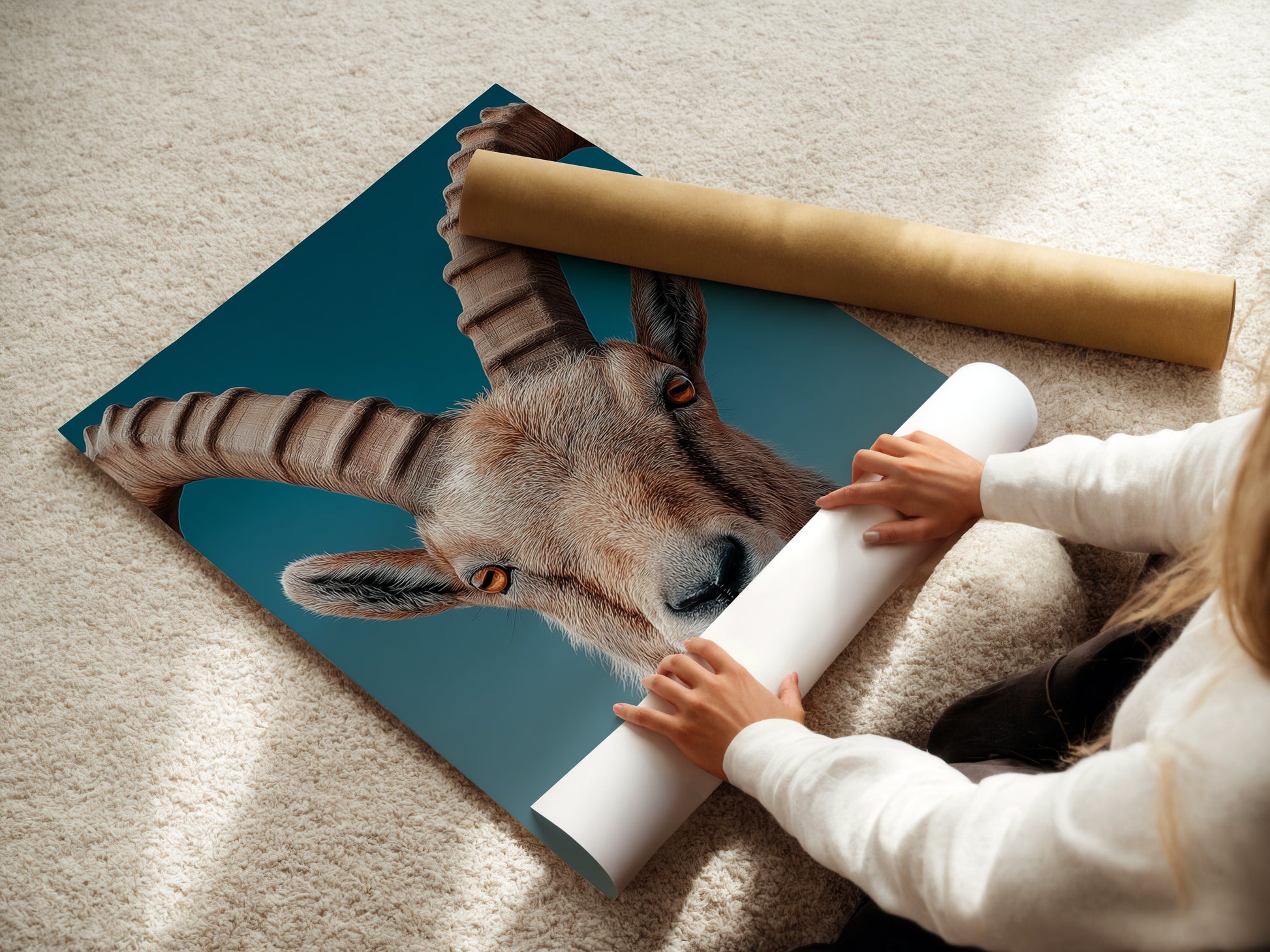 A woman carefully rolls a fine art poster paper. She is preparing the artwork for framing or display. The delicate process ensures the art remains pristine. High-quality poster paper enhances the artwork. Discover the beauty of fine art prints.