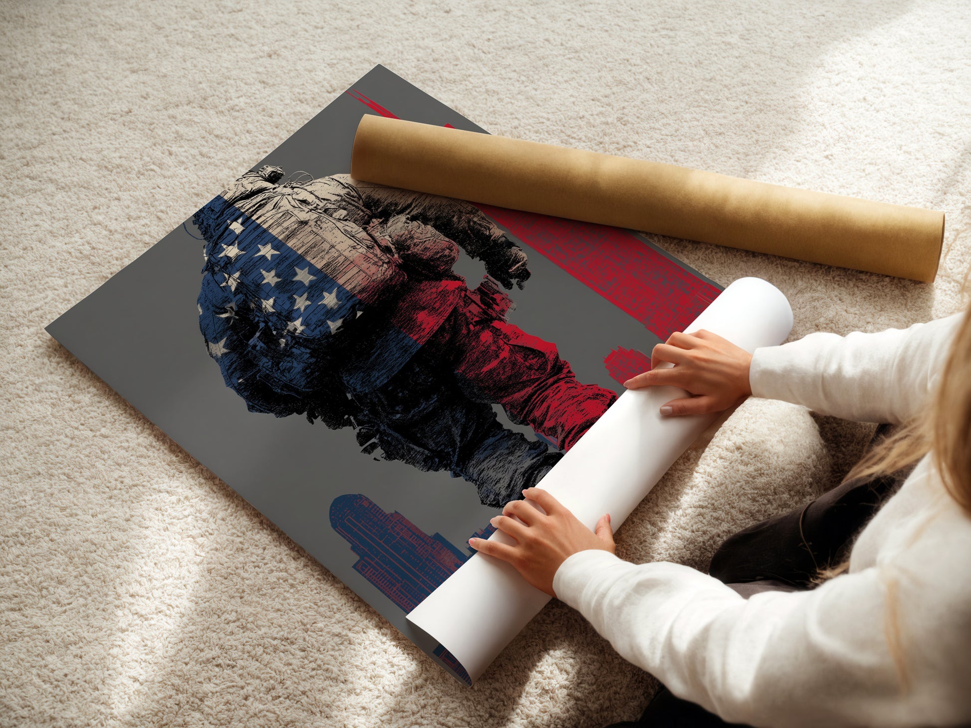 A woman carefully rolls a fine art poster paper print. The American Soldier art is ready to frame. Perfect for military wall art or a veteran memorial. High-quality patriotic artwork.