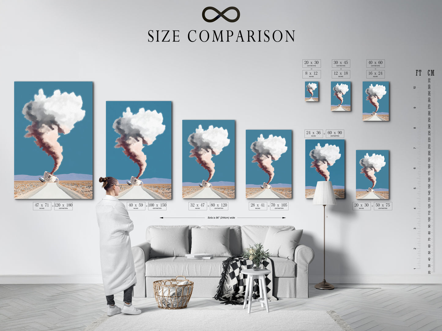 A size comparison chart in an interior setting. It shows various sizes of the surreal coffee cup artwork. The desert landscape and dreamy cloudscape are visible. This modern art print is perfect for any room. See available size options here.