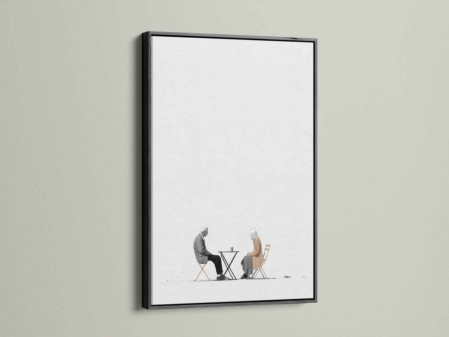Add a touch of simple sophistication with this minimalist piece. It depicts an elderly couple enjoying coffee. The black frame offers a sleek modern touch. It is perfect for creating a focal point. Ideal for minimalist Scandinavian or eclectic styles. A stunning addition to any space.