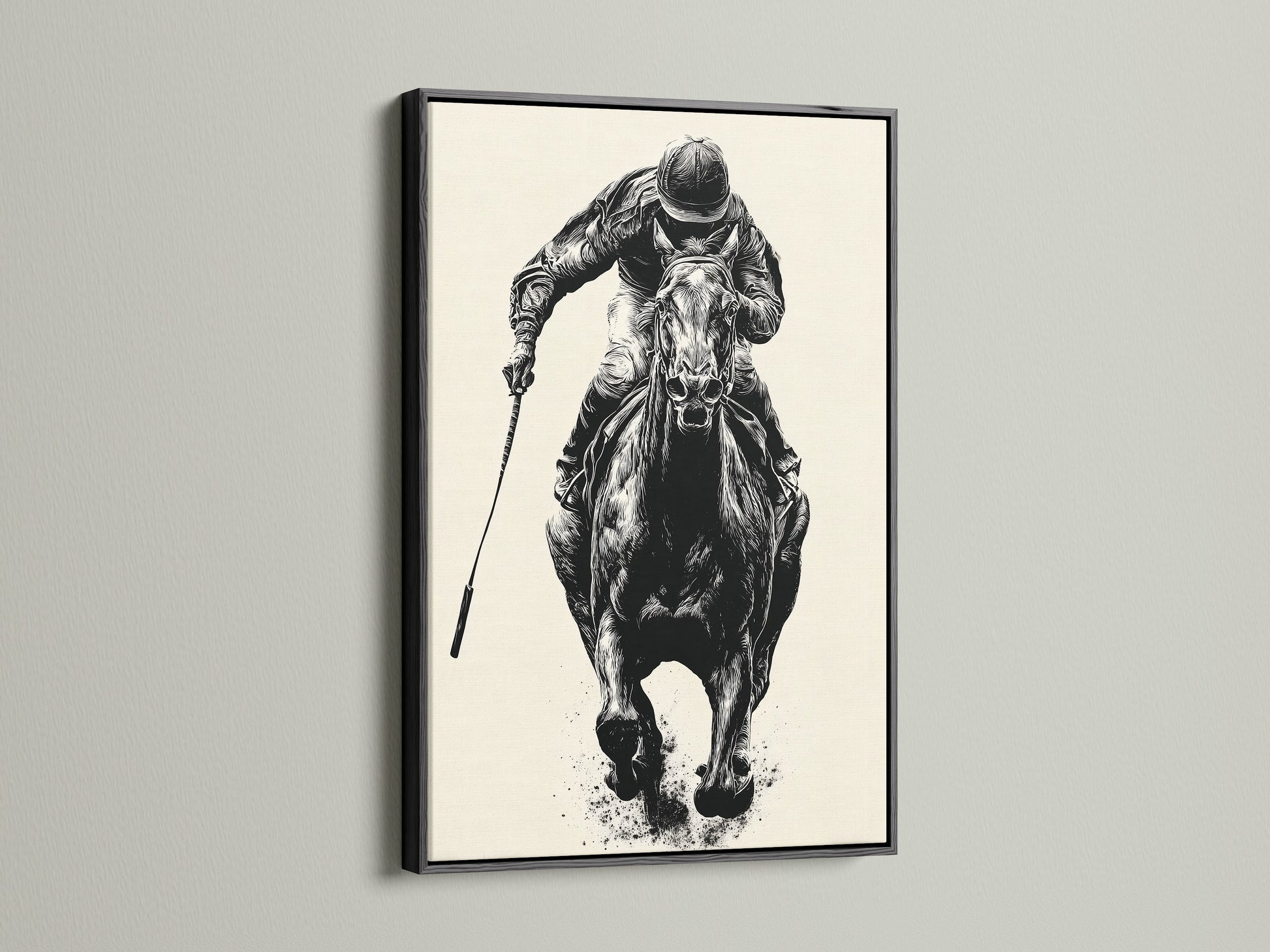 Artwork of a horse race in a black frame. The black frame adds a touch of sophistication and elegance. Discover our diverse range of art pieces. Transform your walls with our premium framed art.
