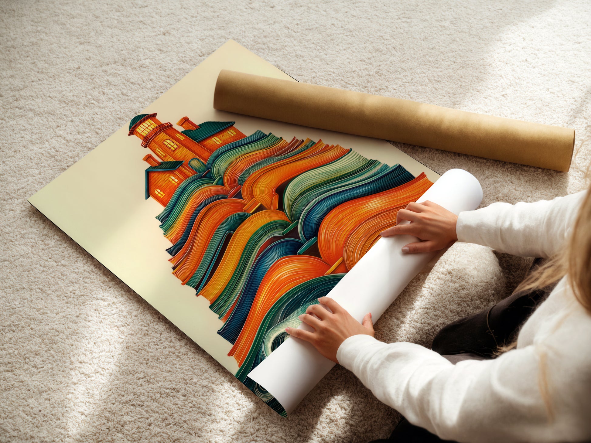 A woman is carefully rolling a fine art poster paper print of the Lighthouse on Books artwork. Ensuring it arrives in perfect condition. Get your whimsical coastal print today. Perfect for any room.