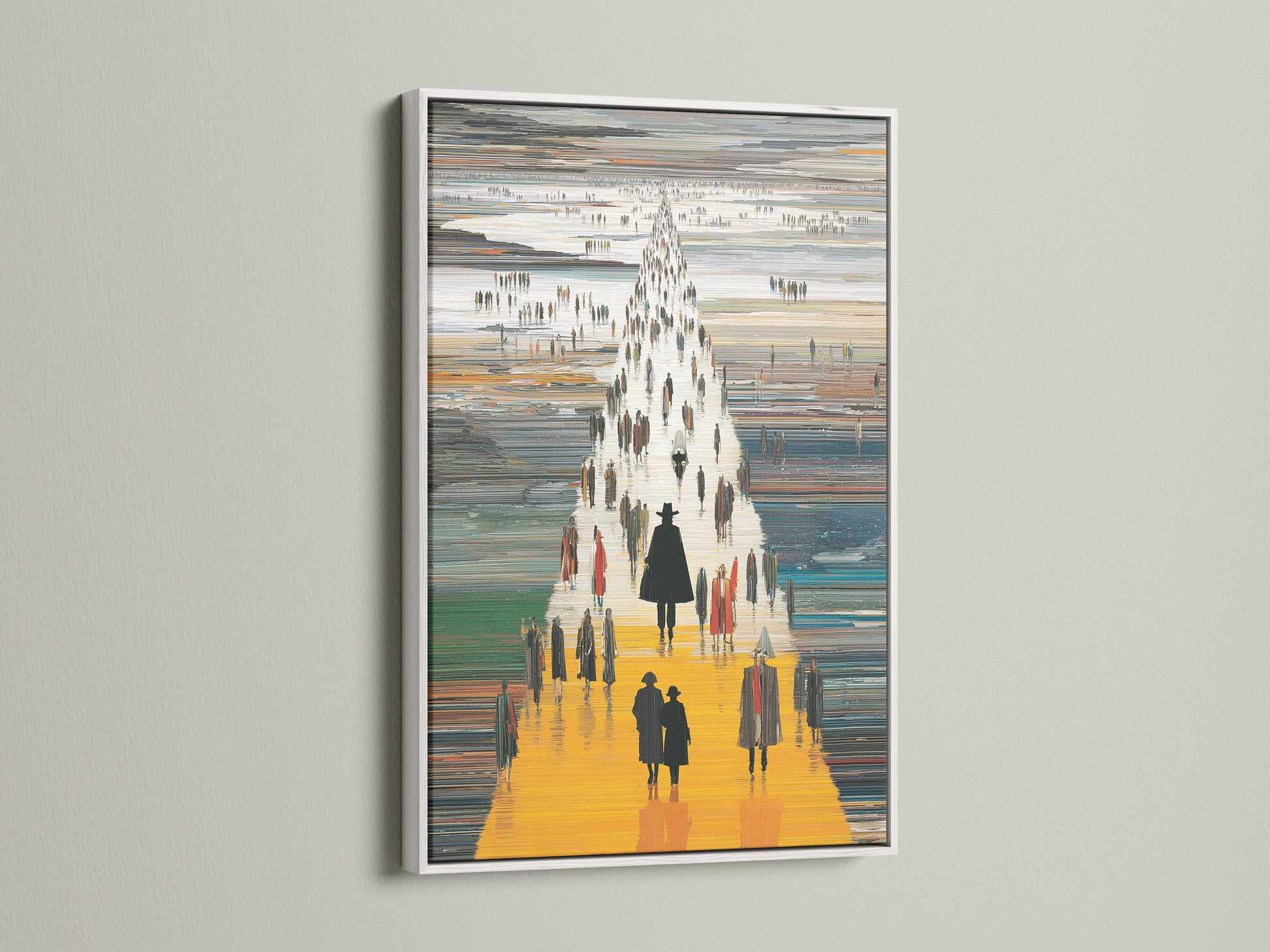 See the abstract figures artwork beautifully displayed in a white frame. This contemporary art print offers a clean modern look. Elevate your hallway artwork or office wall decor. This yellow orange art is a great choice.