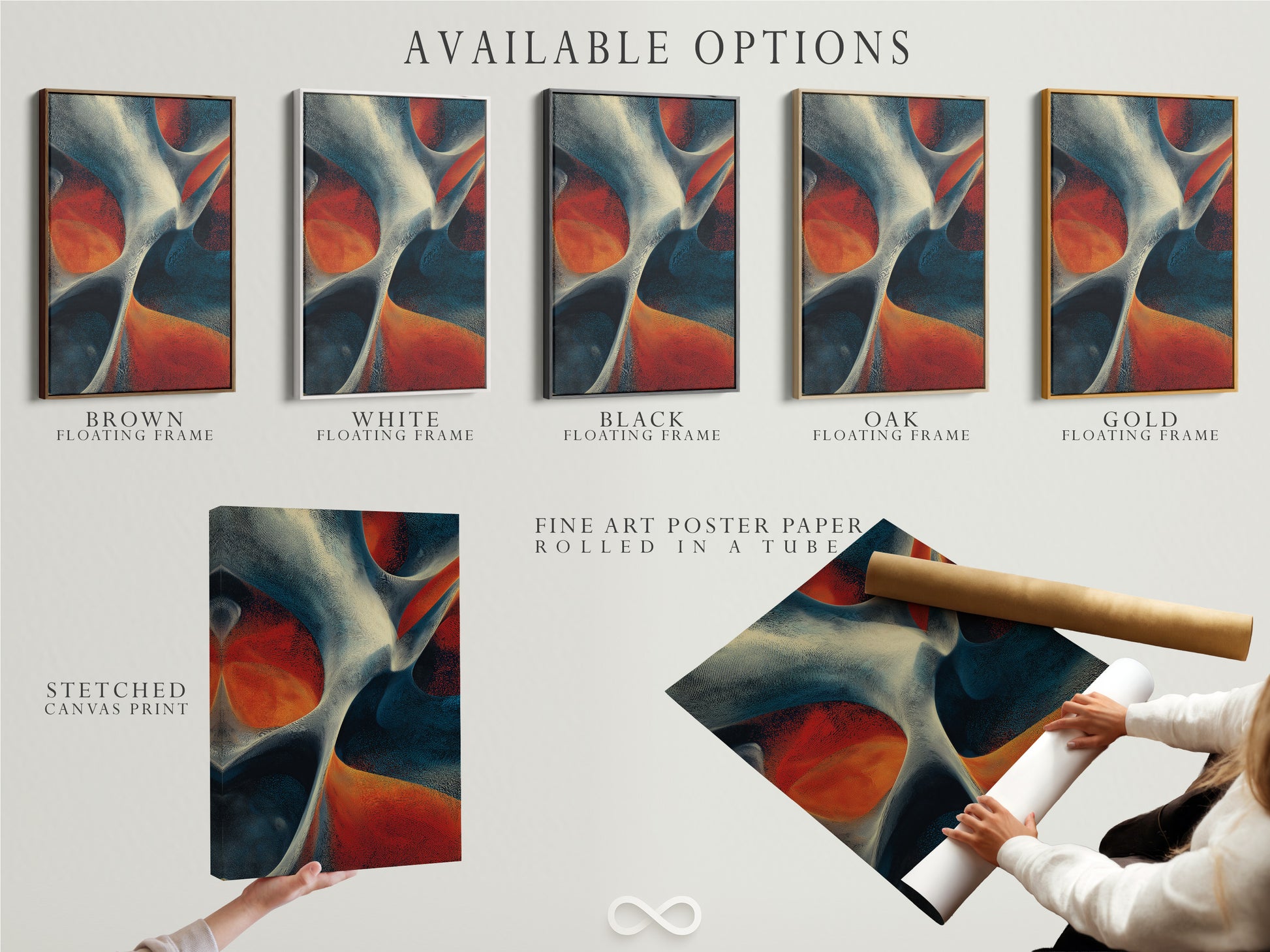 Available options for displaying artwork. Stretched canvas prints offer a gallery look. Fine art poster paper allows for flexible framing. Floating frames add a modern touch. Choose the option that best suits your style and needs.