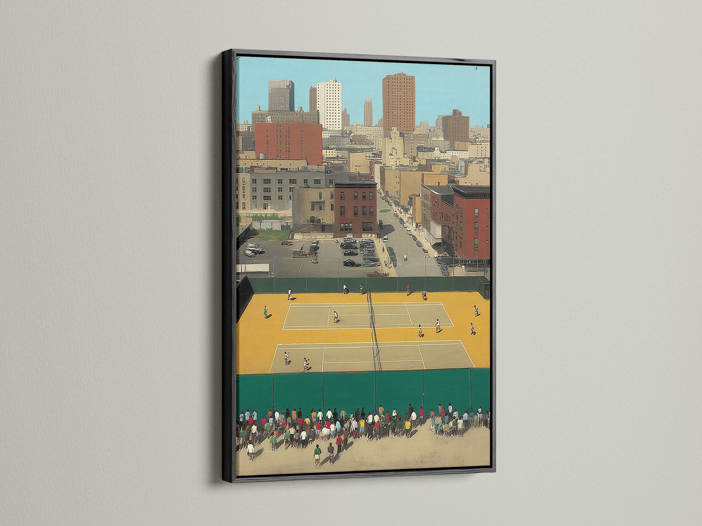 The Urban Tennis Court artwork is presented with a black frame. The black frame offers a modern contrast. This vintage sports art enhances any decor. It's suitable for living rooms and studios. This athletic wall art adds character.