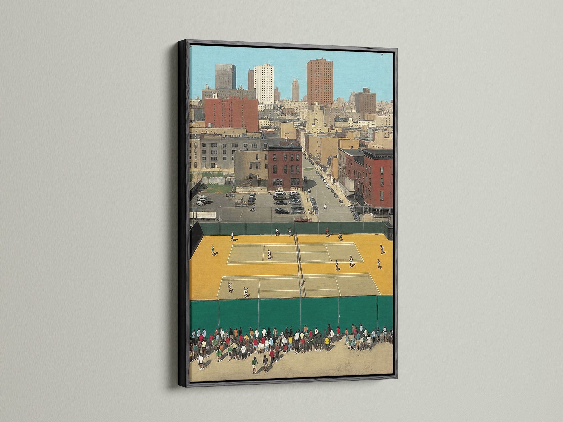 The Urban Tennis Court artwork is presented with a black frame. The black frame offers a modern contrast. This vintage sports art enhances any decor. It's suitable for living rooms and studios. This athletic wall art adds character.