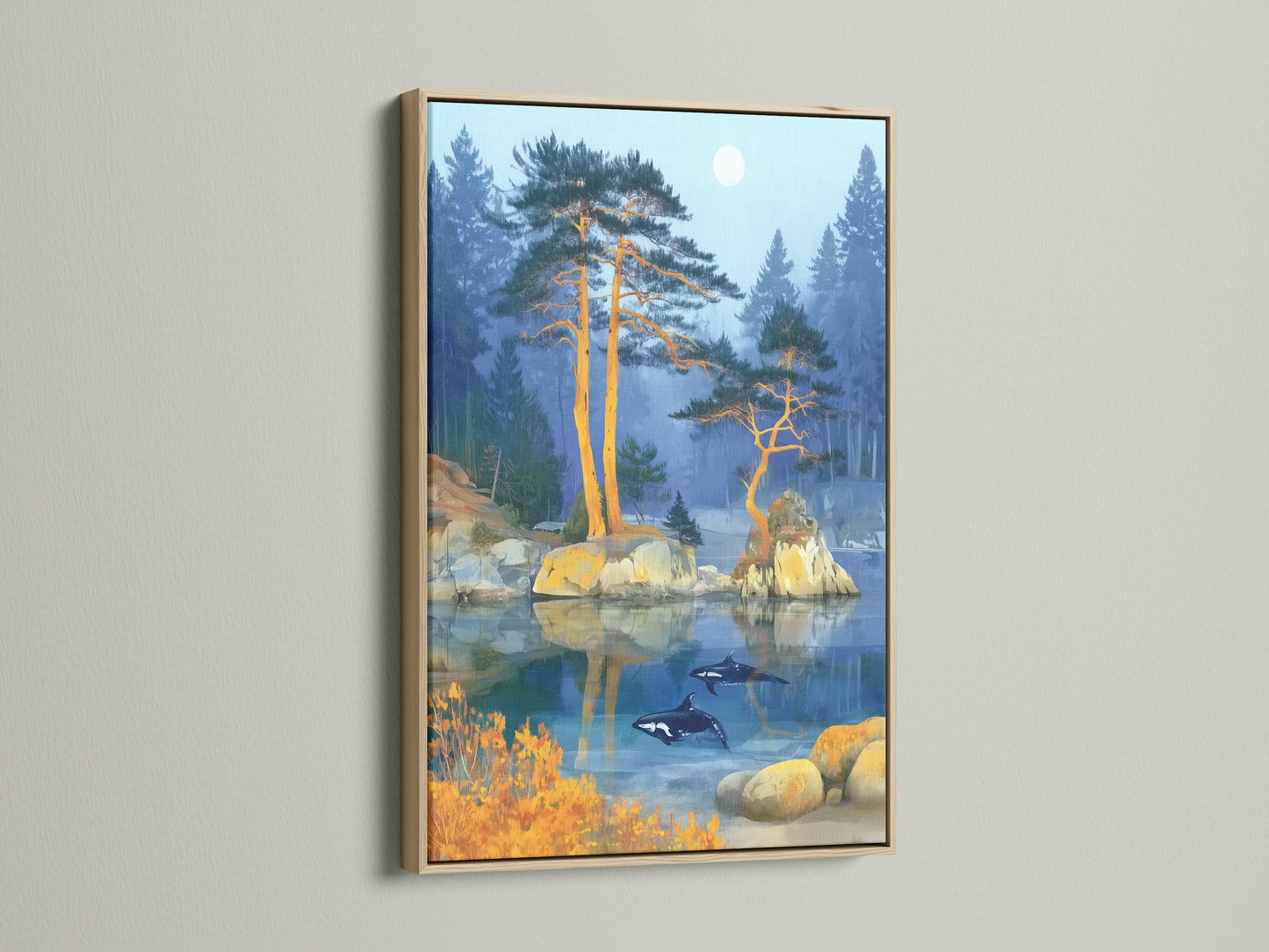 Orca Lake artwork is framed in an oak frame. The artwork captures a tranquil lake with pine trees and orcas. The oak frame enhances the artwork's natural aesthetic. This framed artwork adds a touch of nature to any room. Perfect for modern or coastal decor.