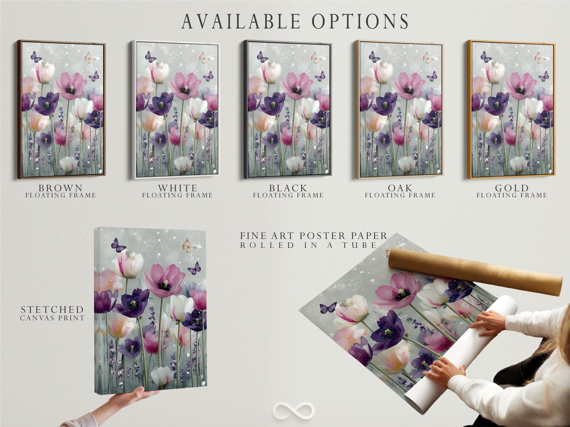 Available options are showcased including a stretched canvas print. Fine art poster paper is also available. A floating frame completes the presentation. Customize your art to match your style. Explore all possibilities today.