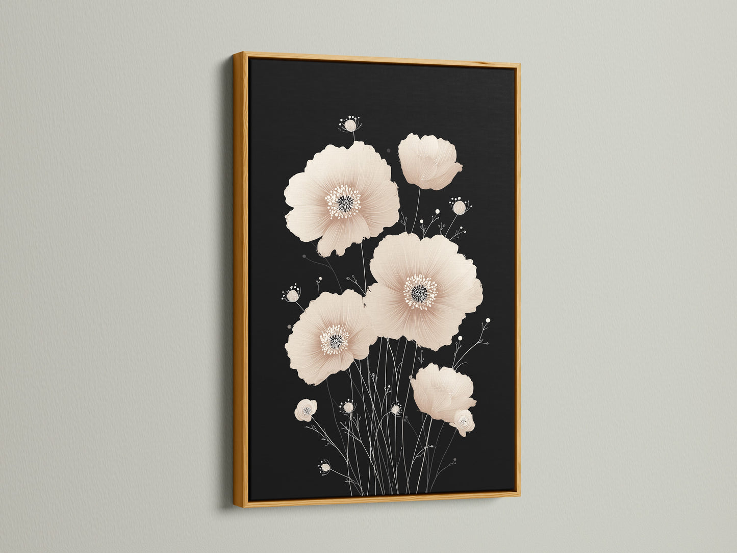 Beige Poppy Flower Artwork in a Gold Frame. The gold frame adds a luxurious touch to this minimalist botanical art piece. This floral canvas print enhances your bedroom wall decor with a subtle hint of glamour. Ideal for creating a refined and relaxing ambiance.