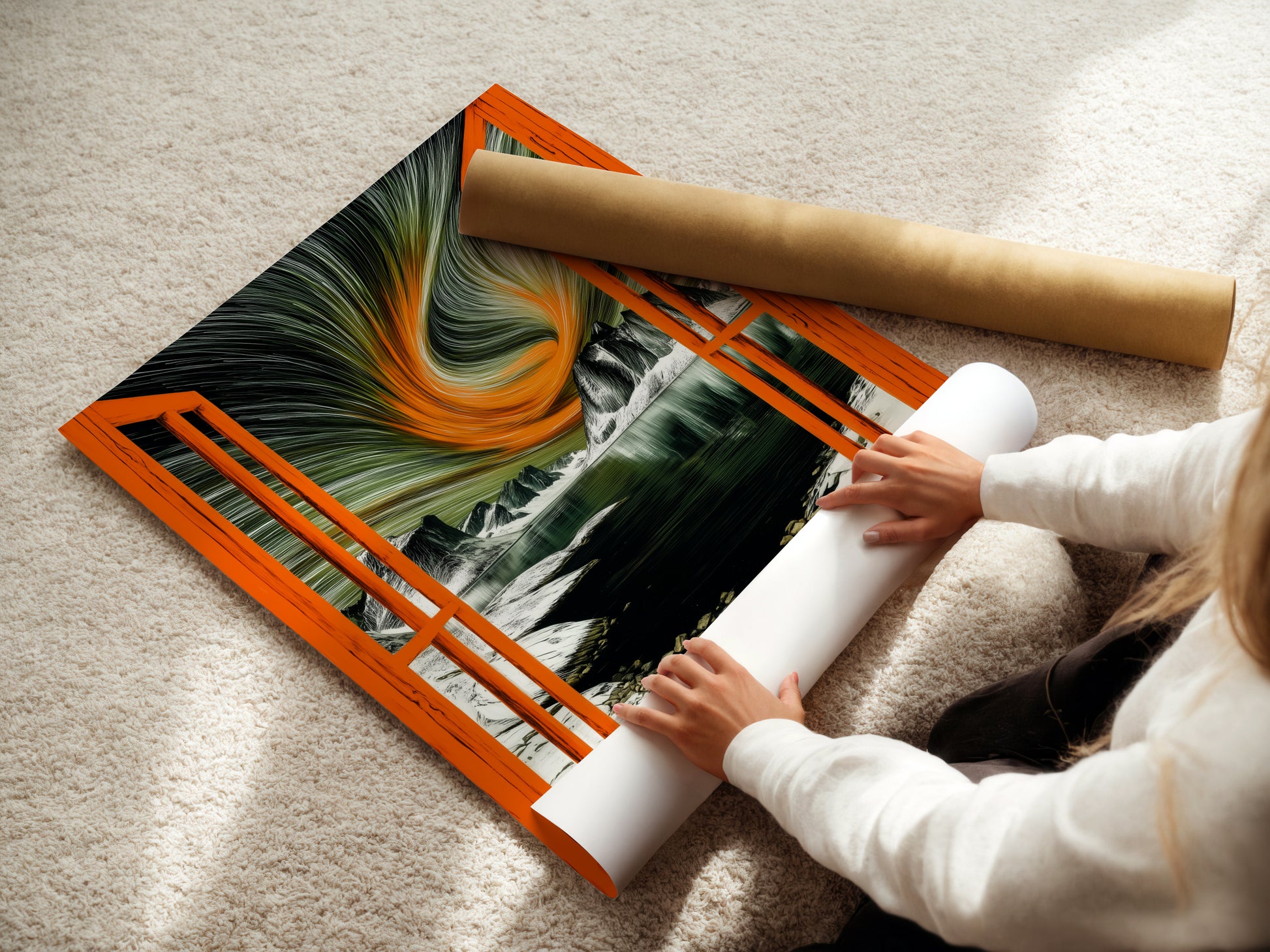 A woman is carefully rolling a fine art poster paper. This highlights the care and quality of our prints. The aurora borealis artwork is available in various formats. The fine art poster paper ensures vibrant colors and sharp details. This option is perfect for those who appreciate high-quality art. It allows for flexible framing and display options in your home.