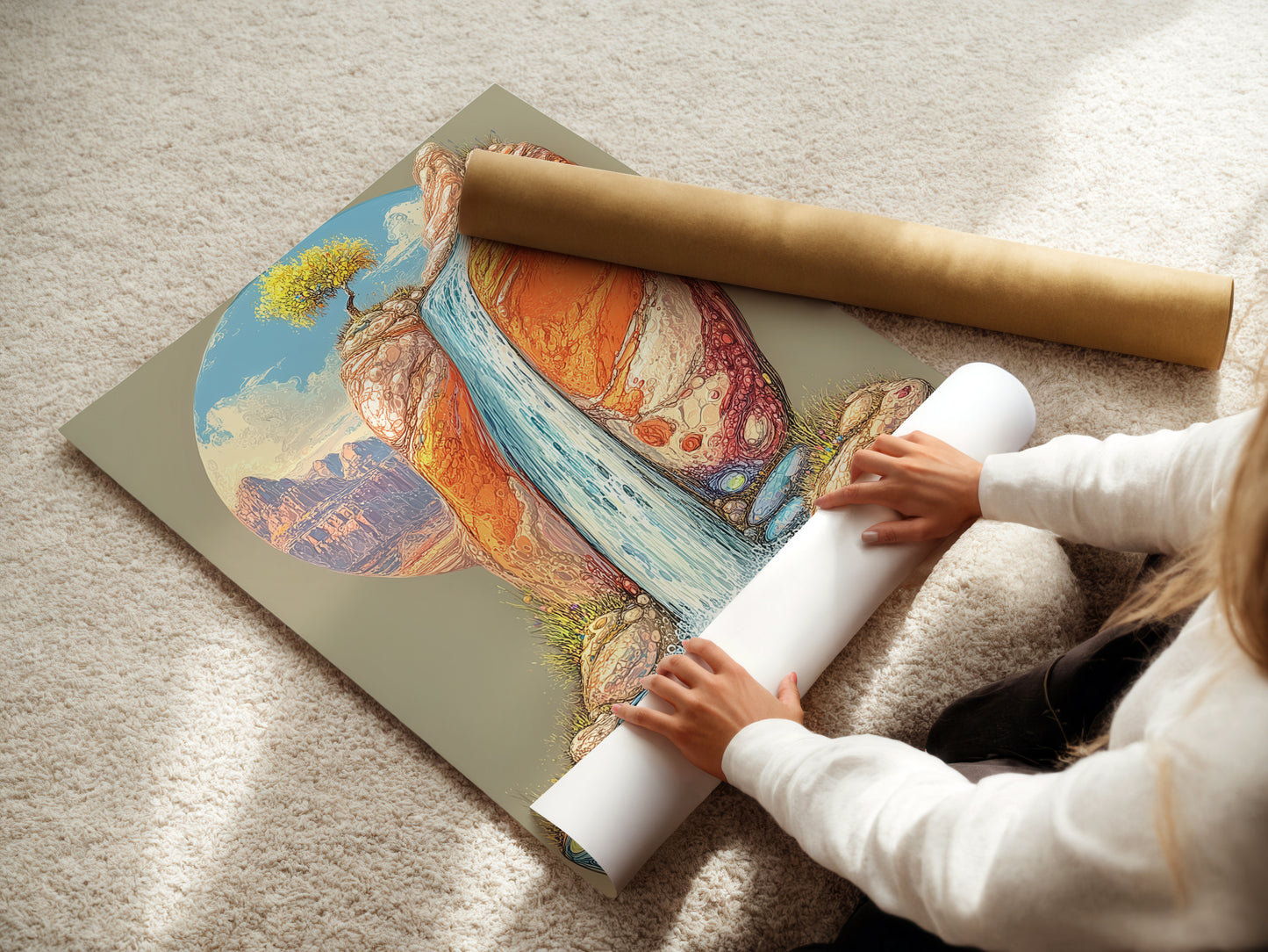 A woman carefully rolls a fine art poster paper featuring the desert waterfall artwork. This southwestern landscape print is ideal for creating stunning boho wall decor. Perfect for adding a refined touch to your bedroom or office space. The artwork embodies nature's beauty.