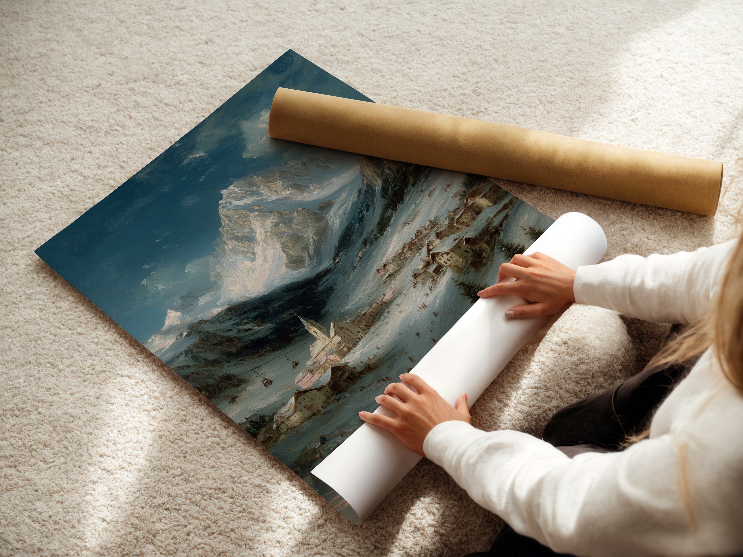 A woman is rolling a fine art poster paper. The paper features the Alpine Village artwork. This winter landscape is perfect for adding a touch of charm. The snow scene print is a great addition to any home. It is ideal for creating a cozy cabin atmosphere.