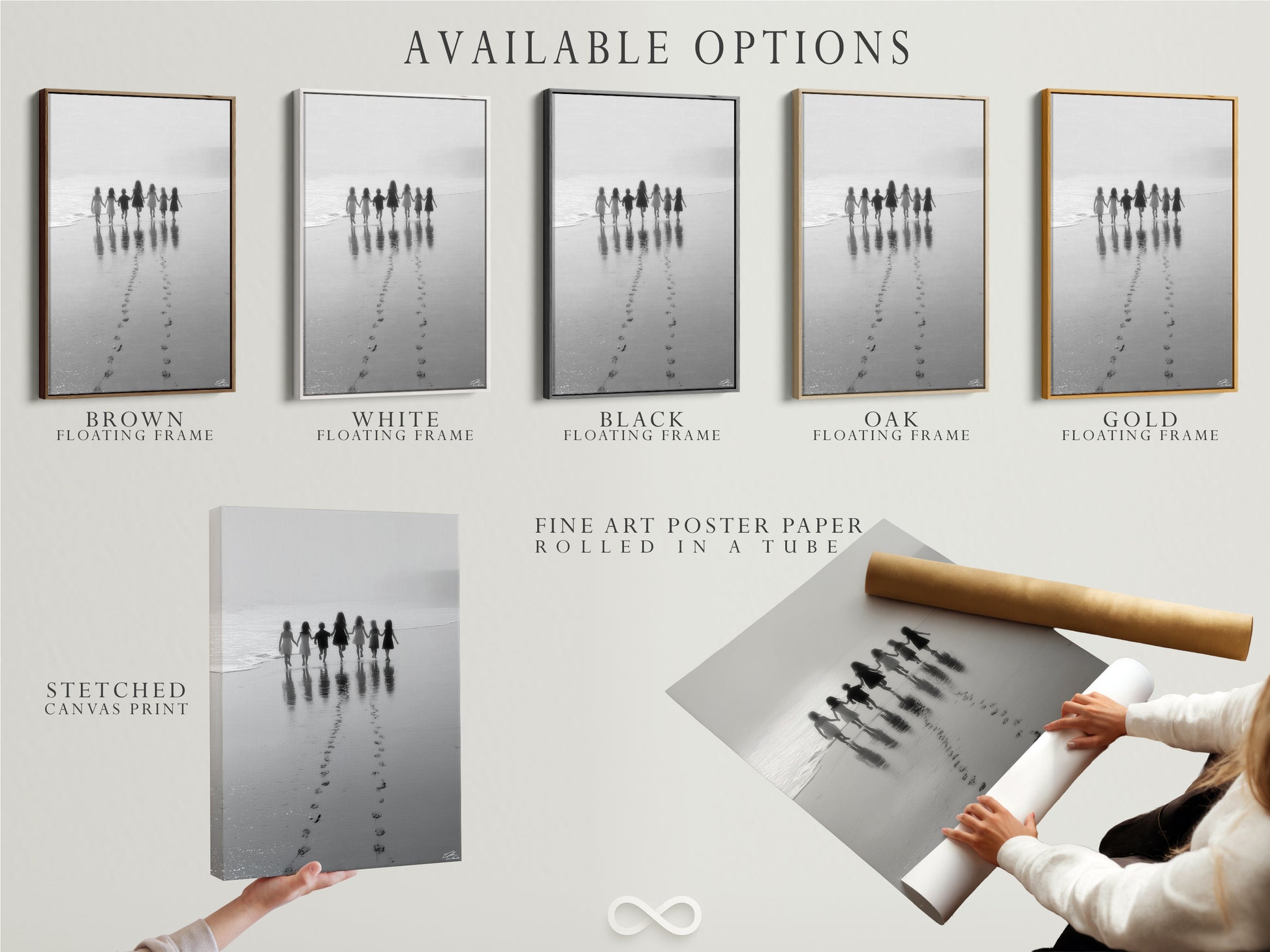 Explore available options for Beach Walk art print. Choose between a stretched canvas print fine art poster paper or floating frame. Black and white seascape photography for nursery decor family photos and minimalist art.