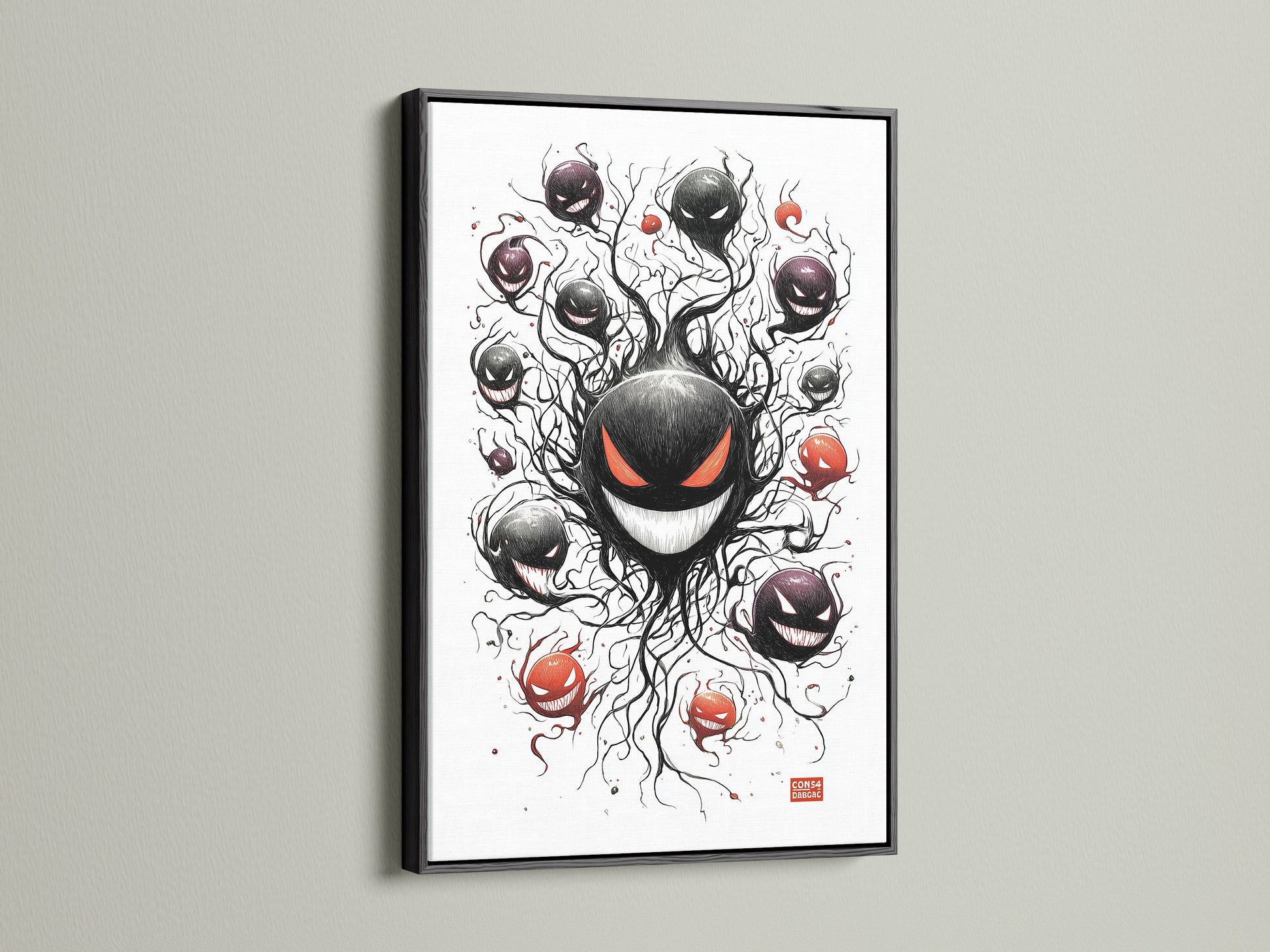 A ghostly gathering canvas print is highlighted by a black frame. This artwork is perfect for adding a gothic touch to your game room. This spooky character art is ideal for those who love horror art prints and eerie prints.