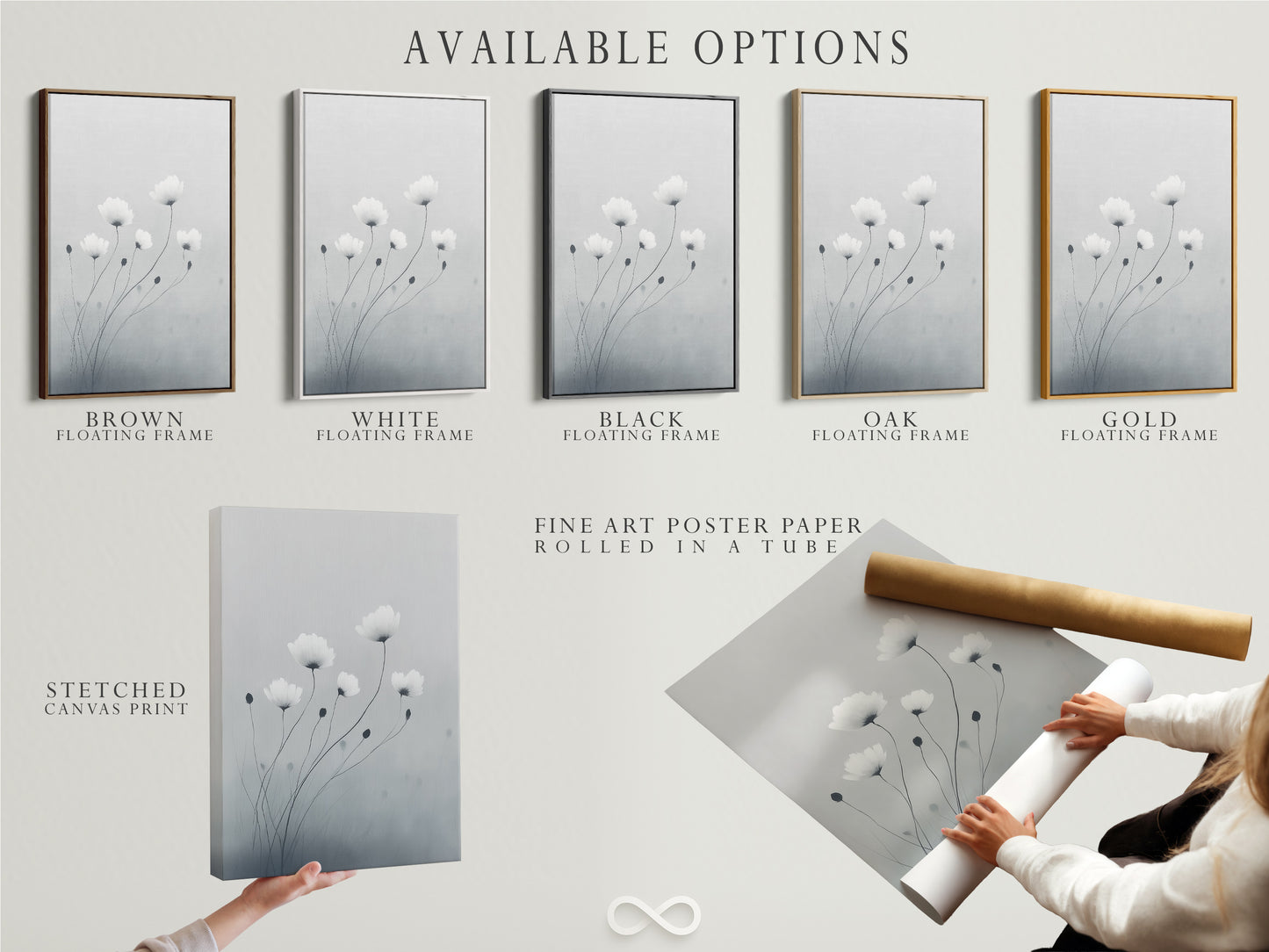 Explore available options for minimalist flower artwork. Choose from stretched canvas prints fine art poster paper or floating frames. The soft gray and white botanical wall art suits any style. Find the perfect modern canvas art to enhance your decor with delicate flower artwork.