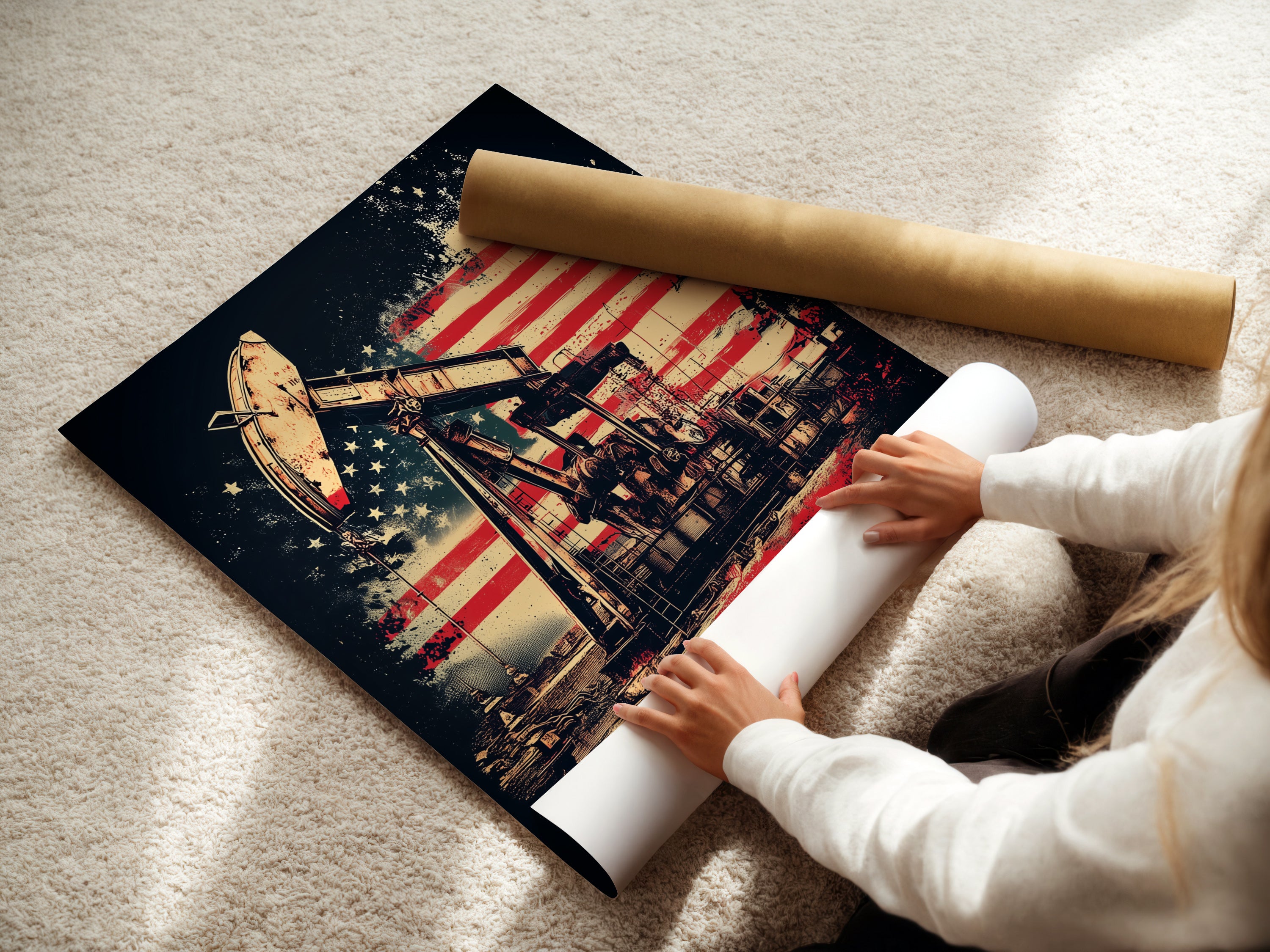 A woman is carefully rolling a fine art poster paper. The paper is high-quality. The woman is making sure the artwork is safe. This patriotic artwork has a vintage style. Americana art is great. The fine art poster paper ensures longevity. Great for gifts.