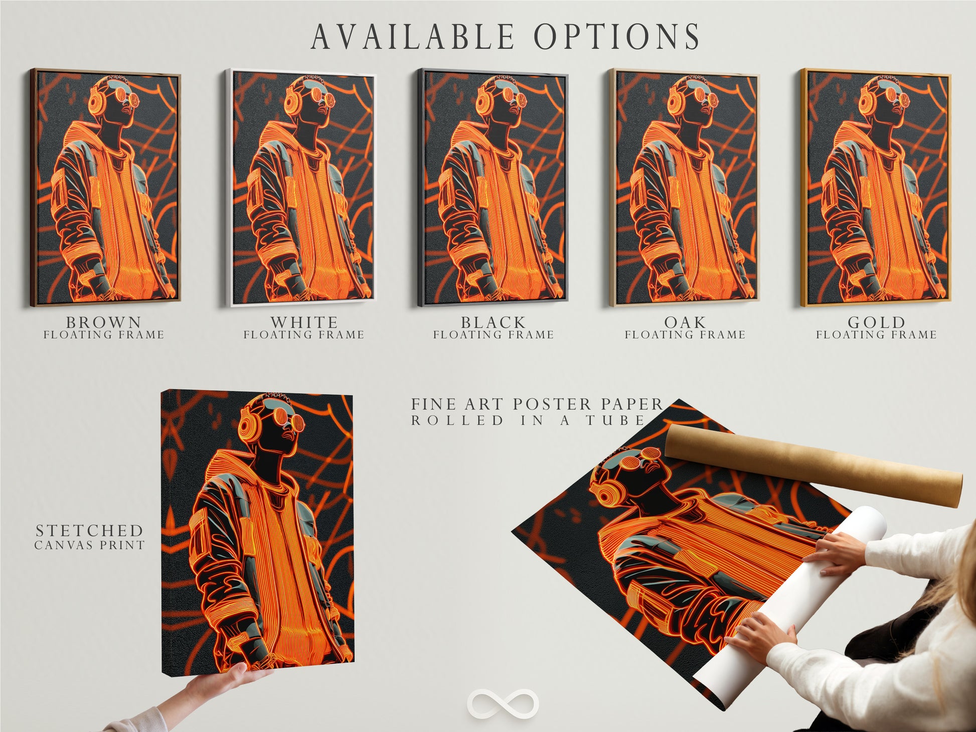 Available options include a stretched canvas print. You can also get a fine art poster paper or floating frame. Choose the option that best suits your style. We offer a variety of ways to display your art. Explore all our available options today.