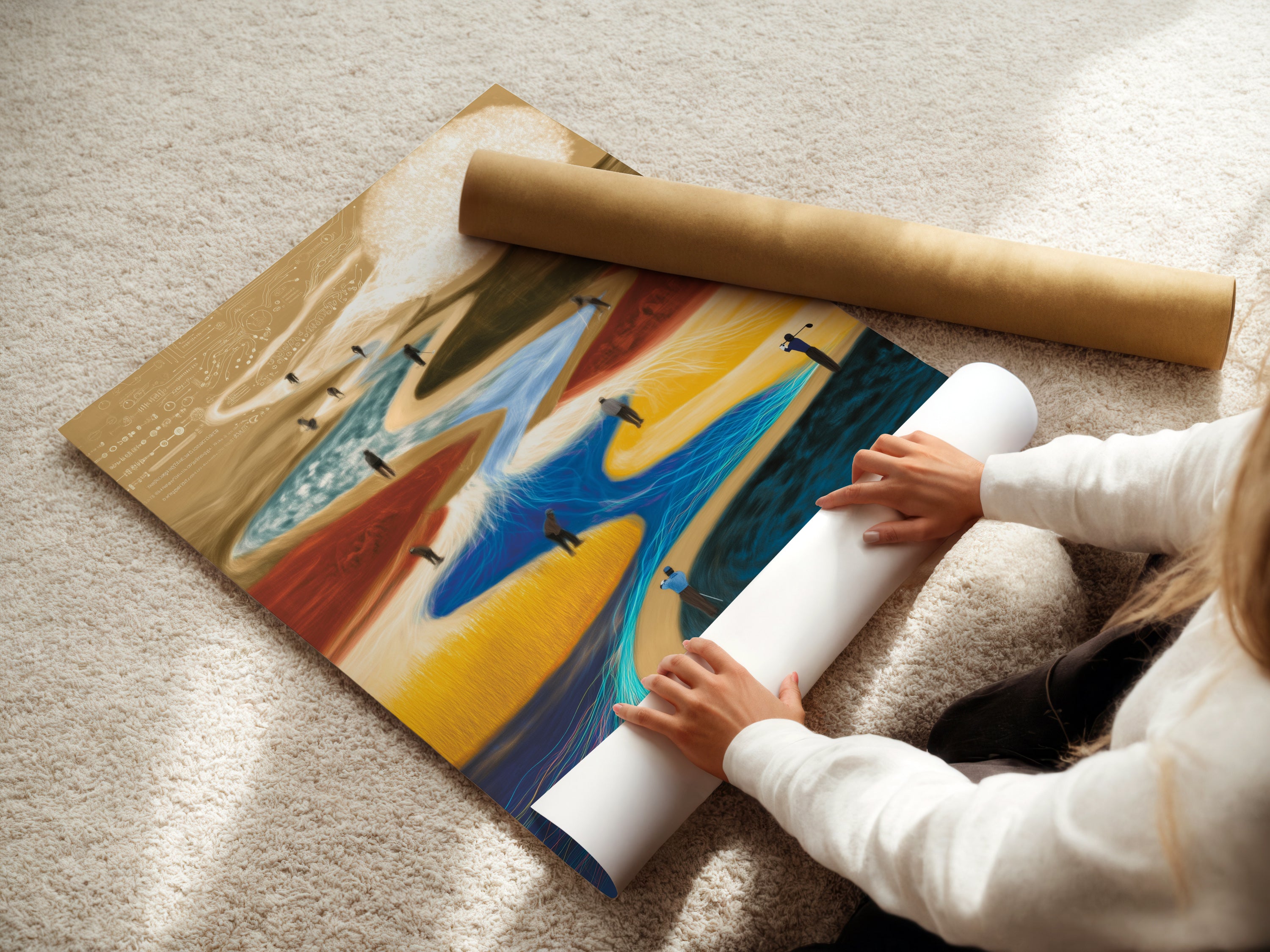 A woman rolling a fine art poster paper. Preparing surreal landscape artwork for display. High-quality abstract dreamscape wall art. Contemporary flowing art ready to enhance your space. Perfect for modern decor.