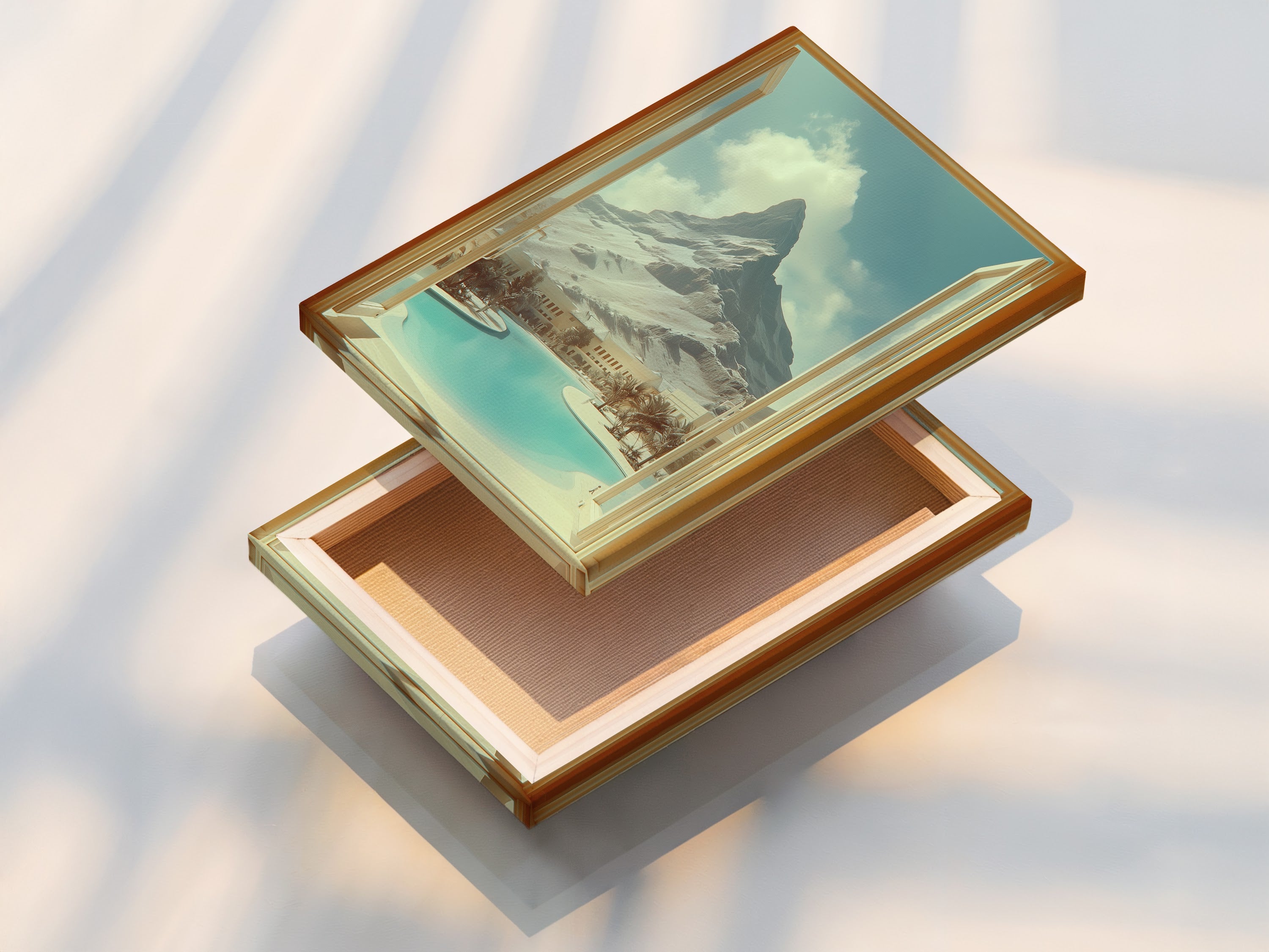 Stretched canvas print featuring mountain view artwork. This artwork creates an open window effect to a desert oasis. Ideal for office wall art or lobby decor. This travel scenery print adds vacation vibes to any space. Bring scenic artwork into your home.