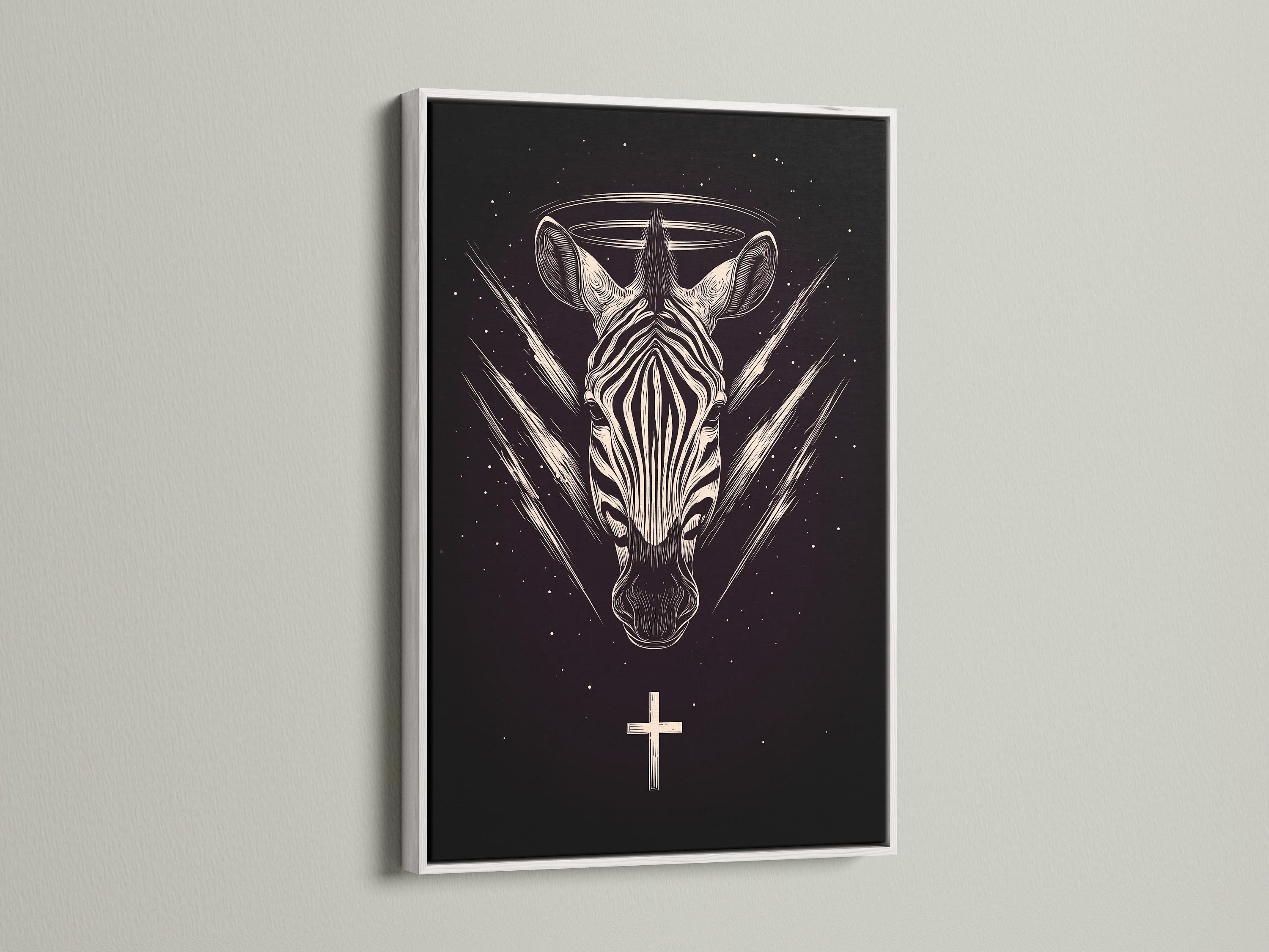 Zebra Celestial artwork with a white frame. This gothic animal wall art features sacred geometry. The white frame provides a clean contrast. This black art print brings witchy decor to your living room. Add a touch of elegance.