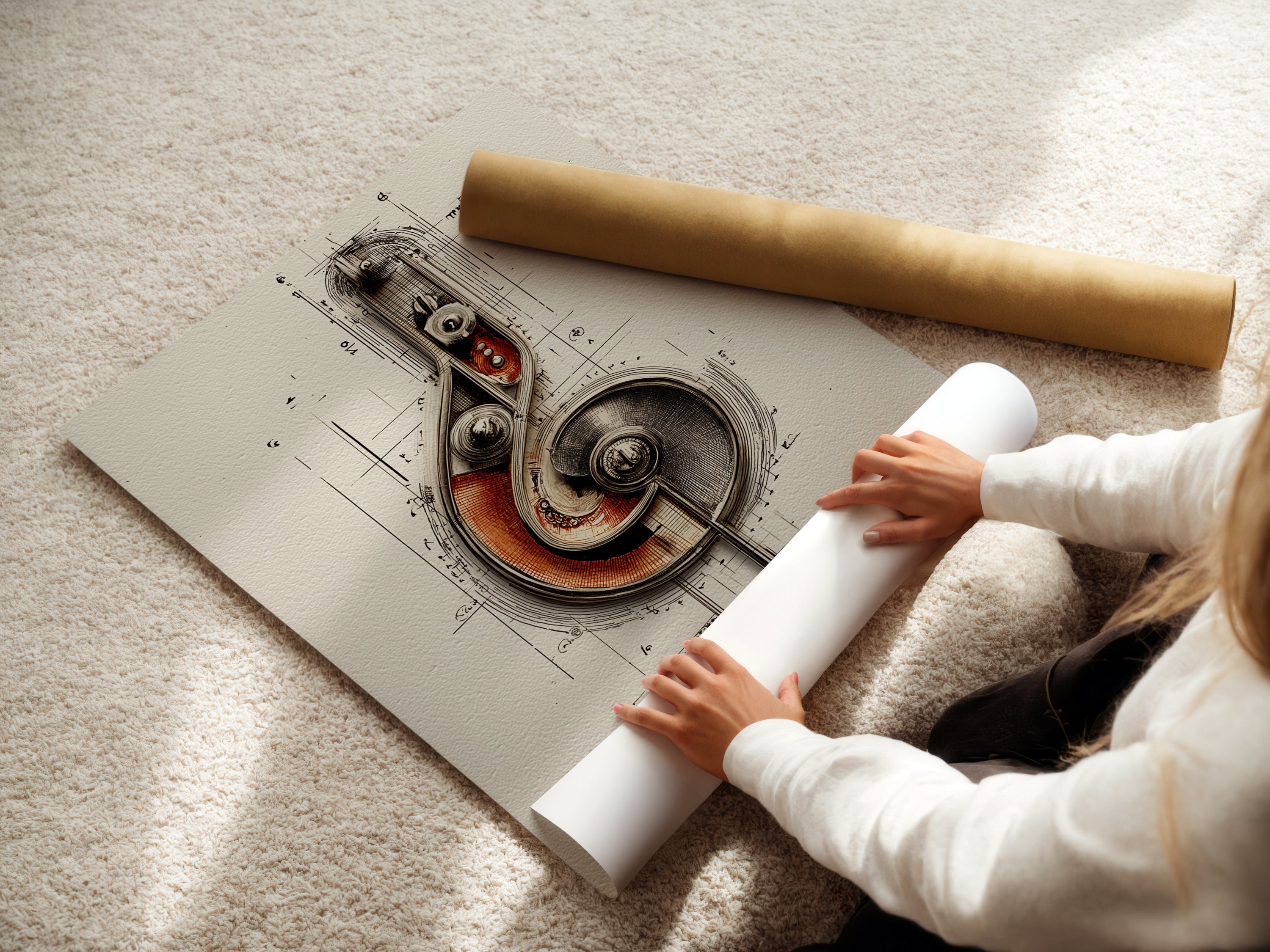 A woman is carefully rolling a fine art poster paper. The paper features the steampunk music note artwork. This mechanical treble clef wall art is perfect for music room decor. It is a vintage drawing and a unique gift for musicians.