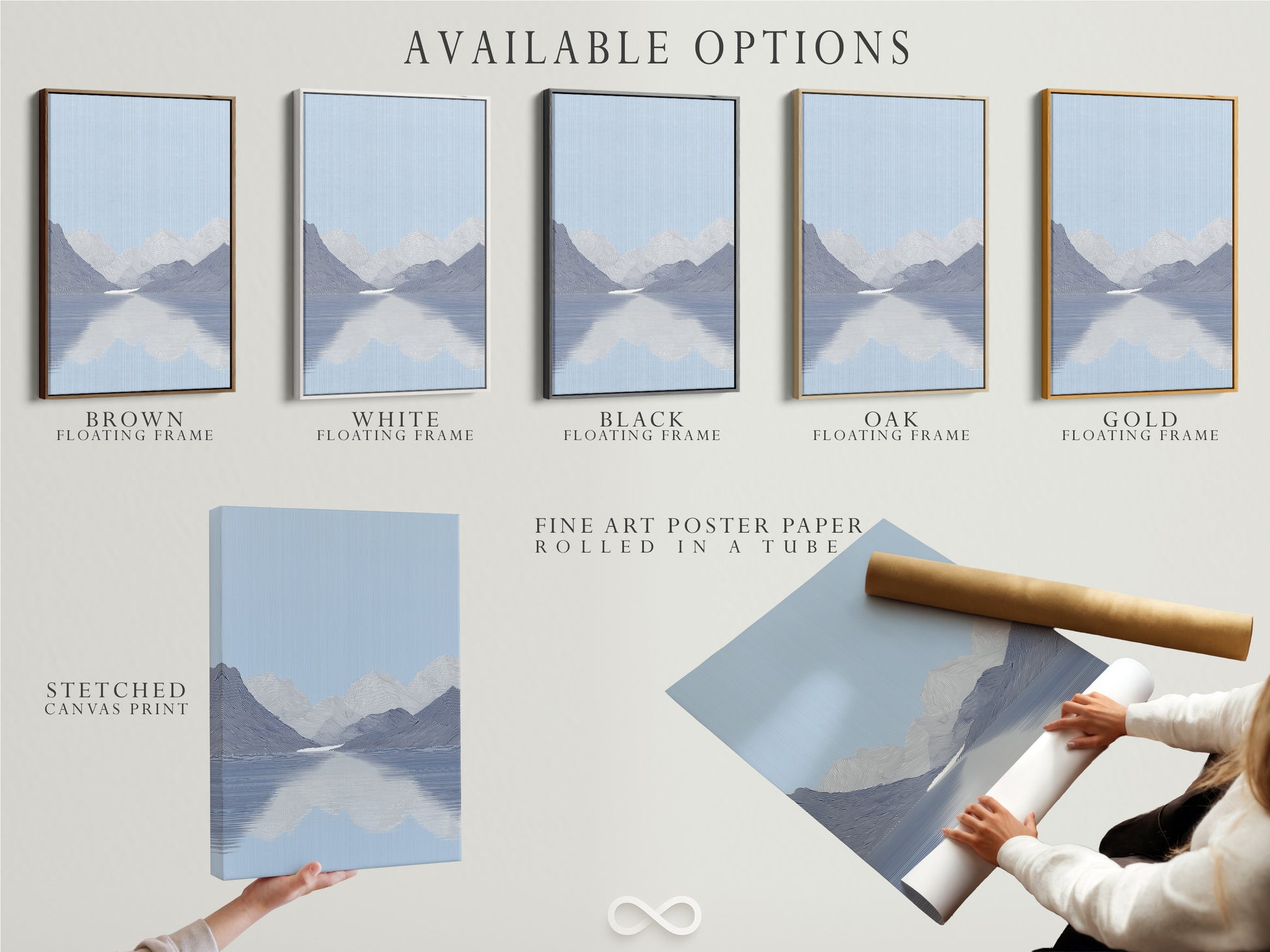 Available options include a stretched canvas print fine art poster paper and floating frame. Choose the perfect format for your artwork. Each option offers a unique display style. Customize your art to match your aesthetic. Explore the various options to enhance your space.