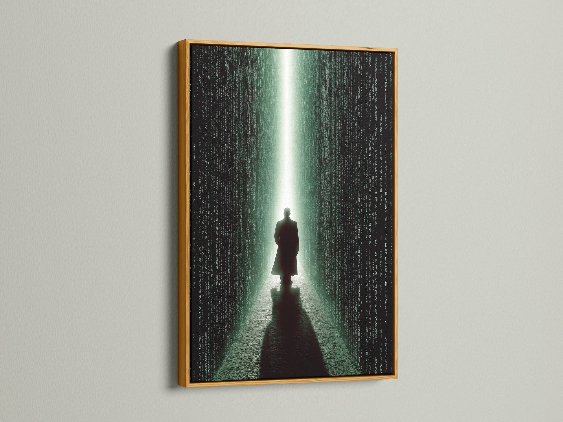 A gold frame adds a touch of luxury to this art print. The artwork depicts a figure walking into a digital corridor. The gold frame enhances the artwork's elegance. Elevate your decor with a gold framed art print. Explore options now.