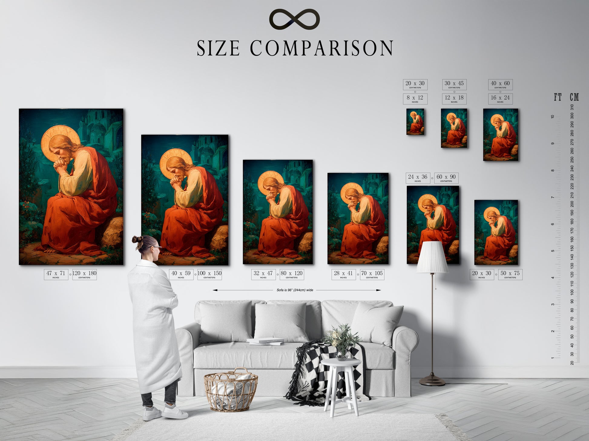 A size comparison chart in an interior setting. Visualize the perfect artwork size for your space. This chart helps you choose the ideal dimensions. Transform your walls with the right art.