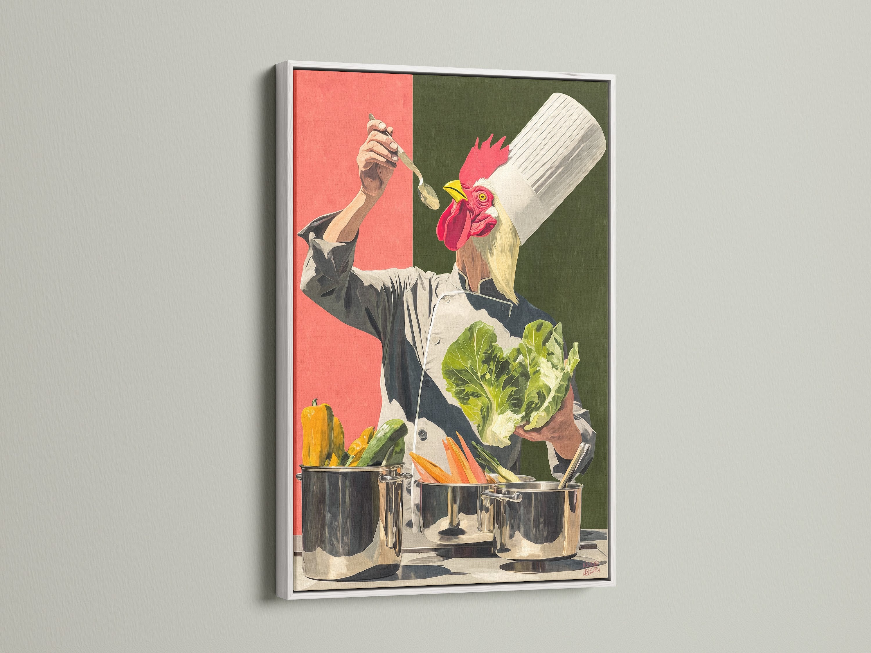 Chef Rooster canvas print in a white frame. The artwork is a quirky addition to any kitchen or restaurant. It's a fun piece that brings a unique aesthetic. Perfect for culinary themed spaces. This contemporary style art is a conversation starter. Perfect as a gift.