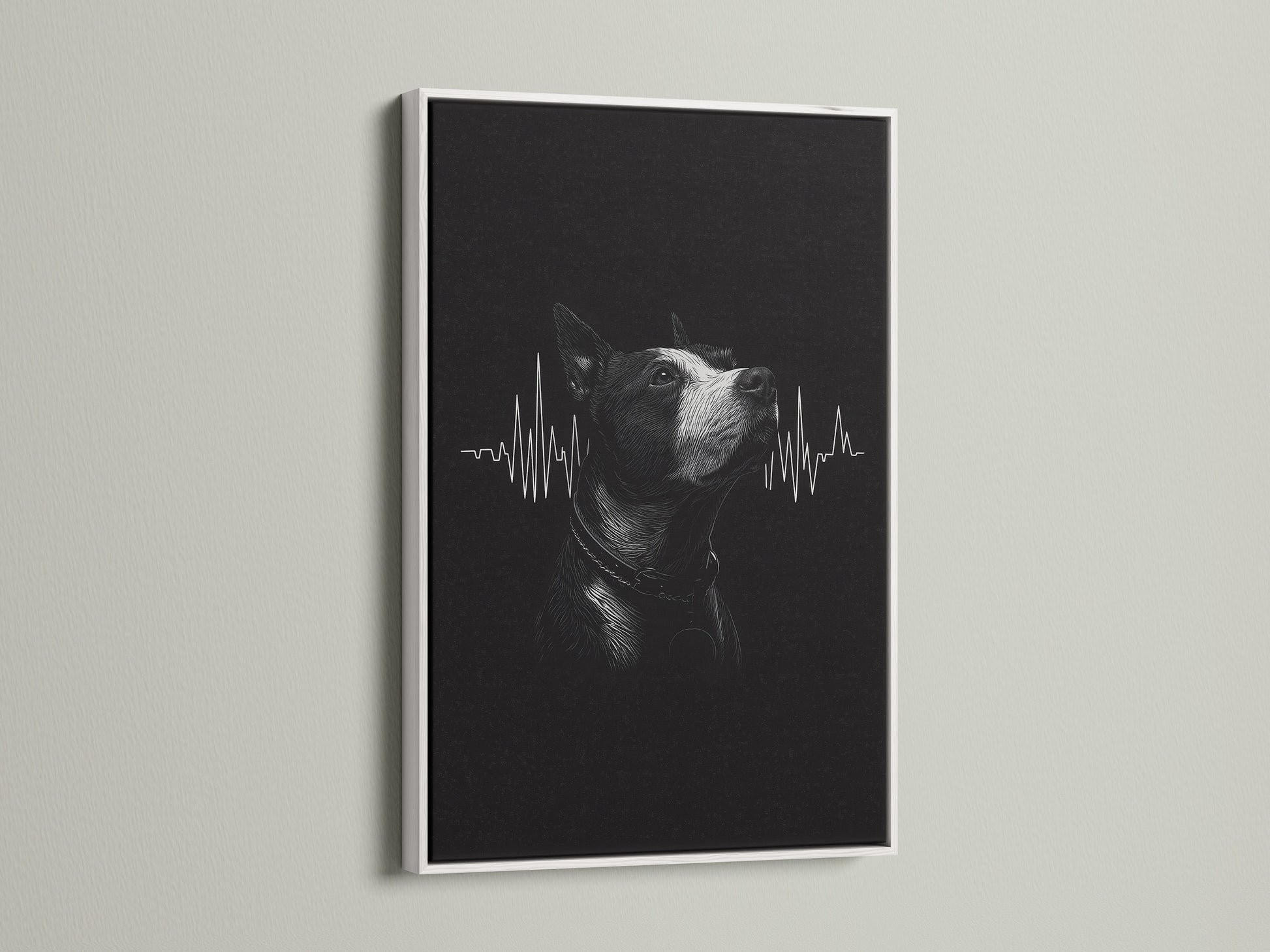 A dog heartbeat artwork is elegantly presented in a white frame. The clean white finish complements the black and white artwork. It is suitable for medical or home decor. View this contemporary art piece.