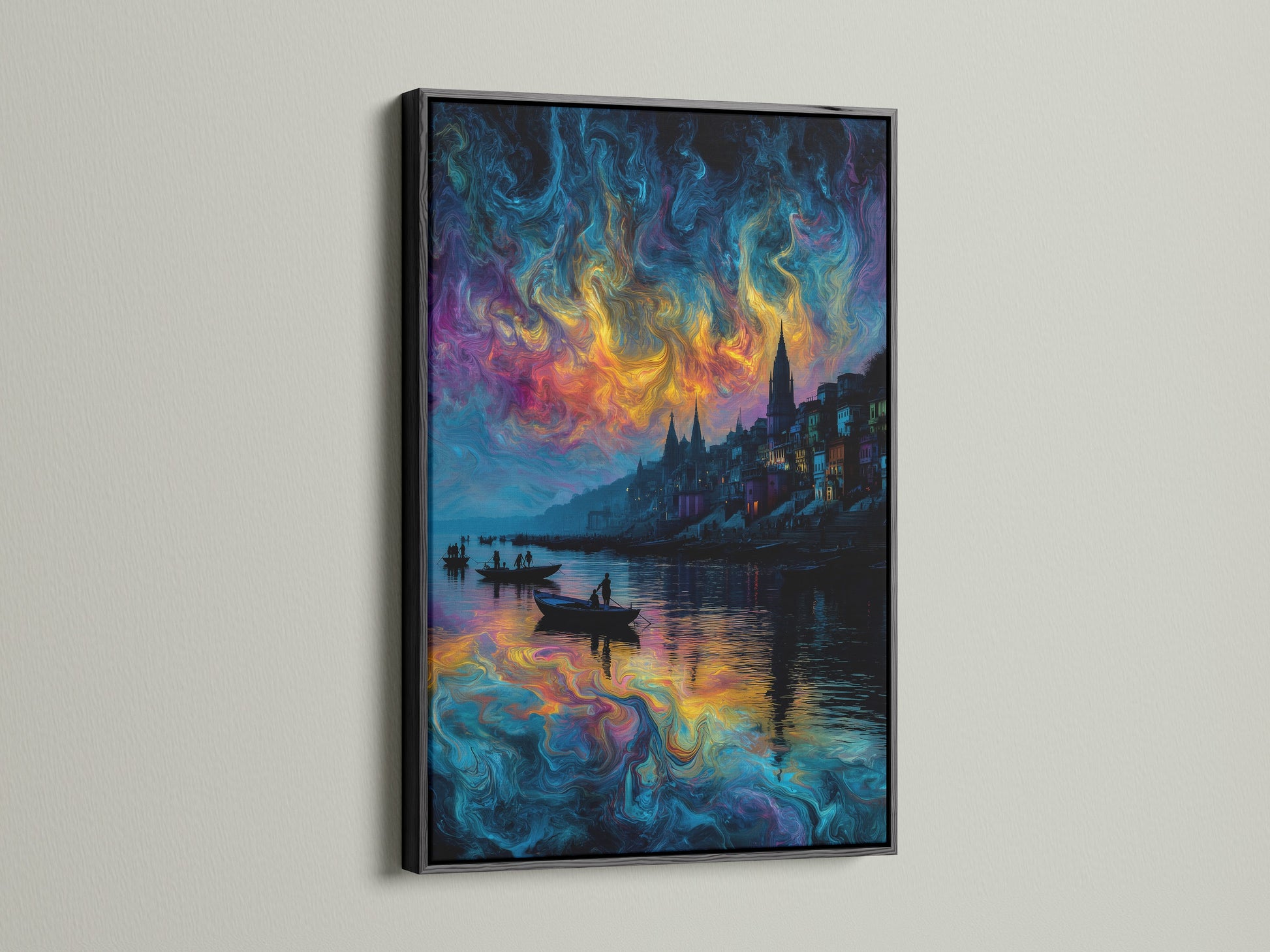 Abstract waterscape artwork with a black frame. This psychedelic art is great for creative spaces. The surreal cityscape features a swirling sky. This colorful wall art is perfect for bedroom wall decor.