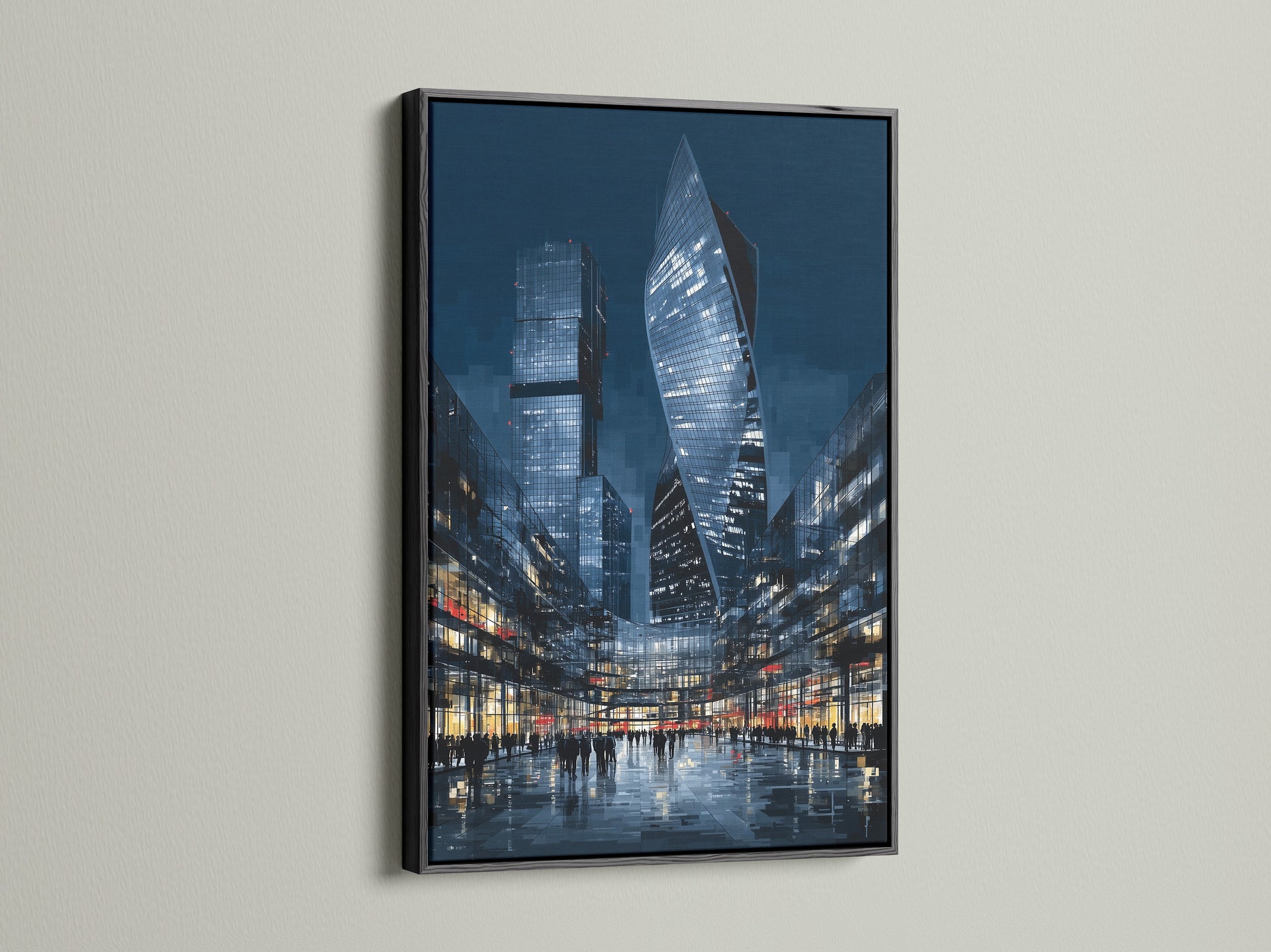 The black frame accentuates the city skyline art. This modern urban artwork is ideal for office wall art. The cityscape wall decor features blue architecture art. A black frame offers a sleek sophisticated touch to modern art.