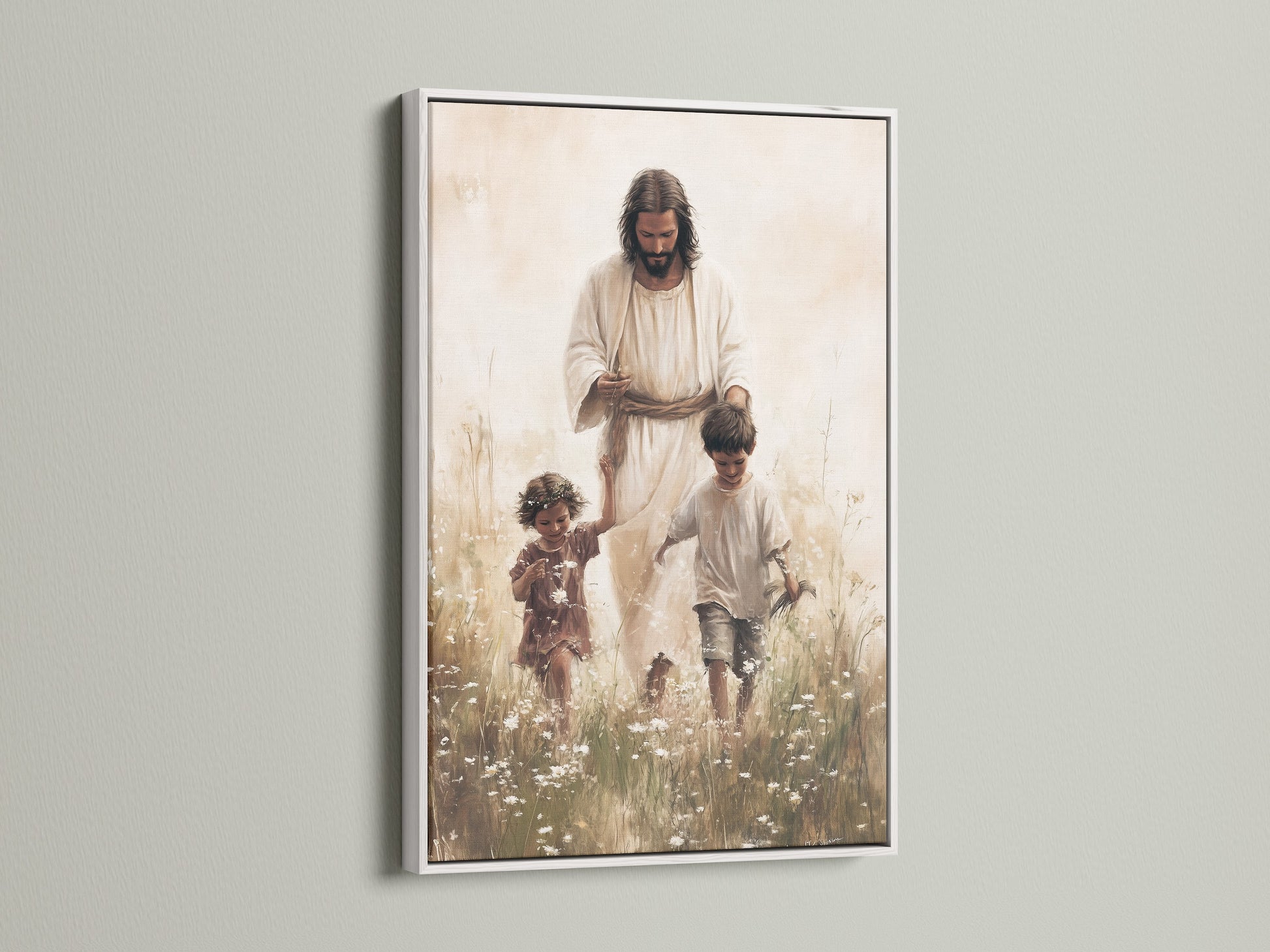 This artwork of Jesus Christ and children is presented in a clean white frame. The white frame offers a fresh modern look. See how this artwork brings a sense of peace and serenity to your space. A perfect addition to any home decor.