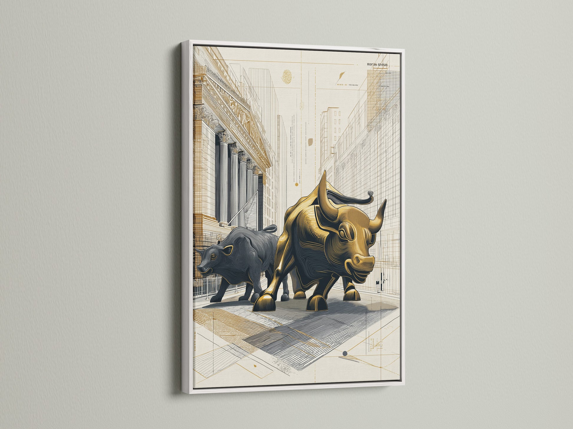 Artwork of a bull statue in a white frame displayed on a wall. The white frame offers a clean modern aesthetic. It enhances the artwork. See how a white frame transforms this art piece.