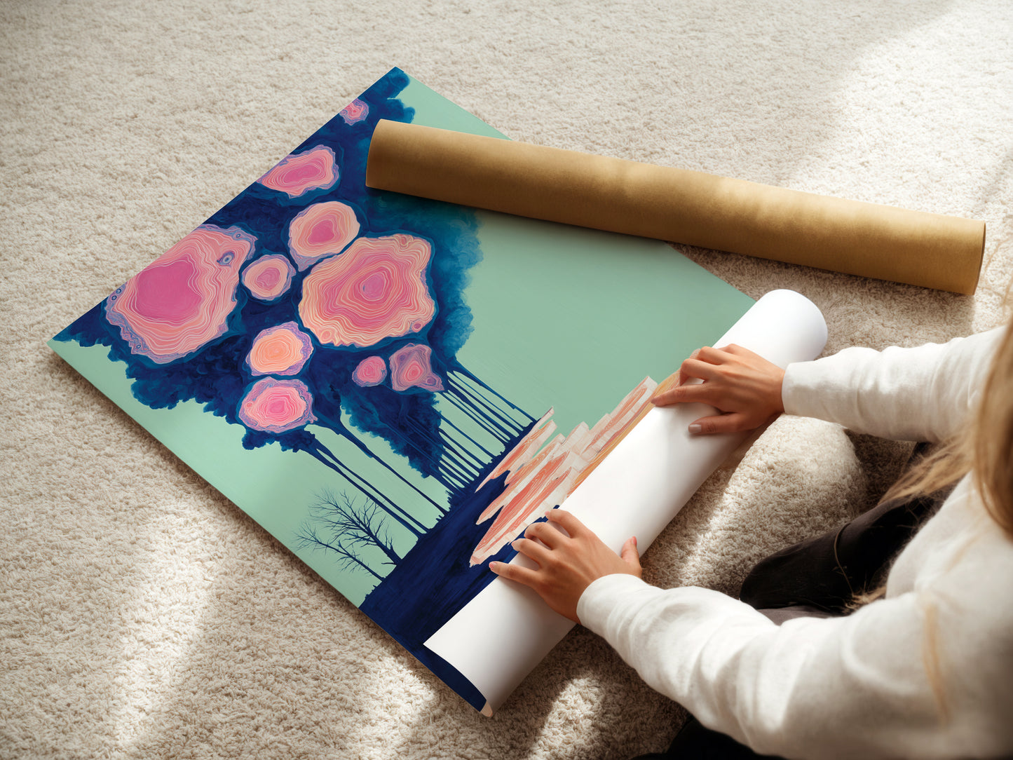 A fine art poster paper being rolled showcases its high quality. The paper is perfect for surreal landscape prints and abstract nature art. It is ideal for creating dreamy bedroom wall decor. This poster paper is a great option for homeowners looking for refined and stylish wall decor. Experience the beauty of high quality art paper.