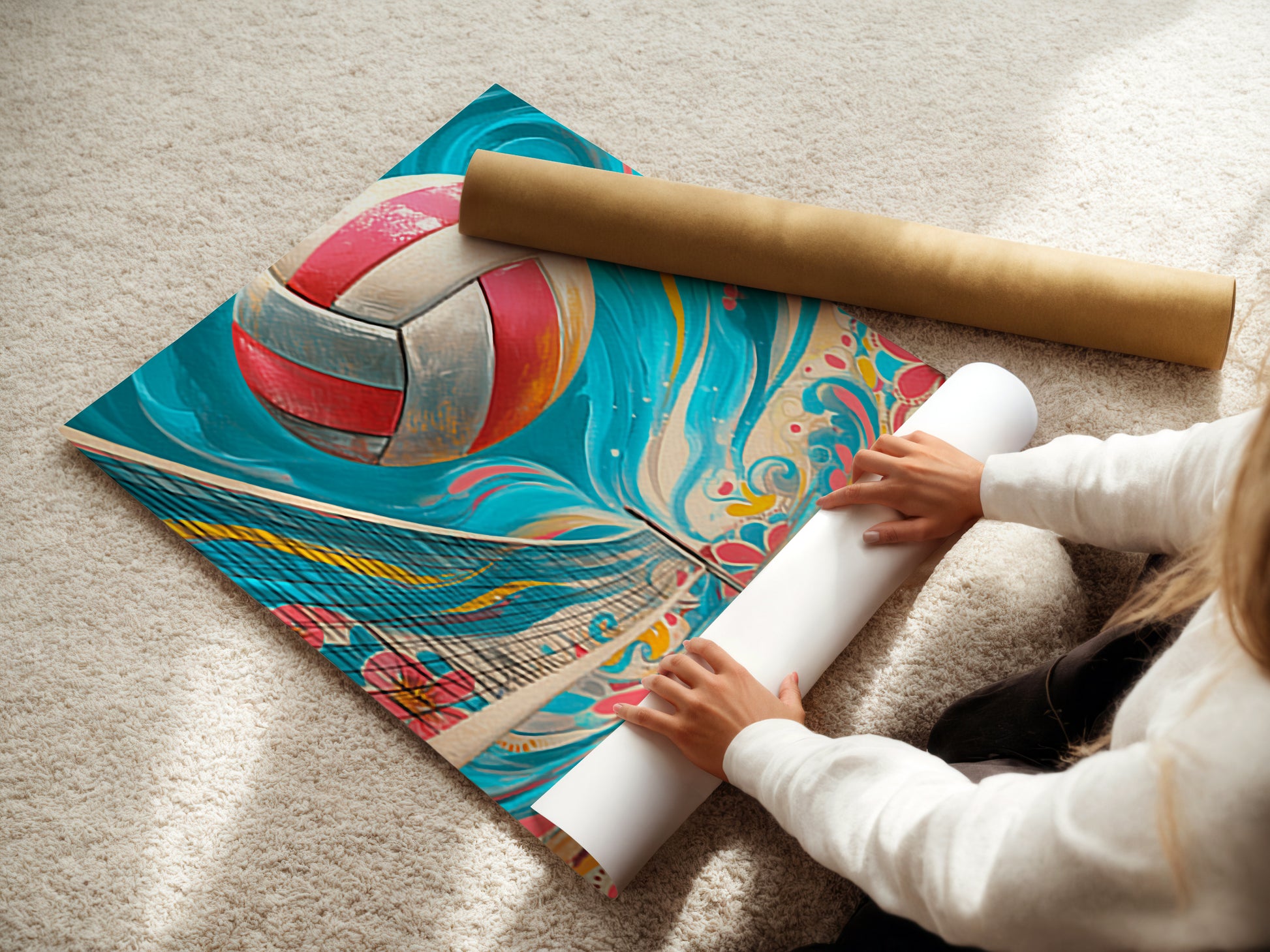 A woman is rolling a fine art poster paper featuring volleyball art. This beach sport artwork is ideal for teen rooms. The fun game artwork adds energy. The sand court print brings a summer vibe. The pink and blue hues are vibrant and modern.