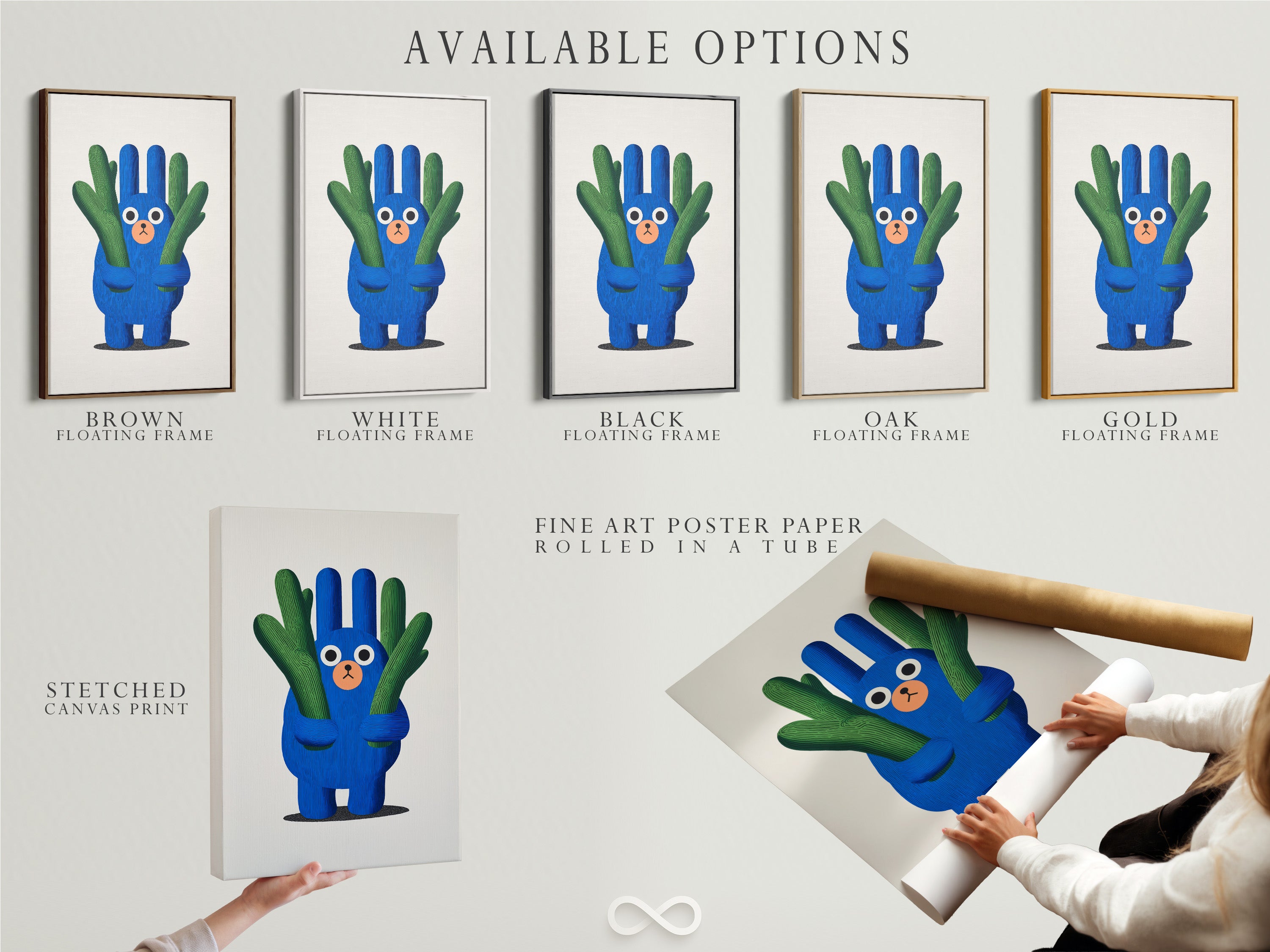 Explore available options for this blue green nursery wall art. Choose from a stretched canvas print a fine art poster paper or a floating frame. Customize your kids room decor with this whimsical cactus artwork. The perfect children's art.