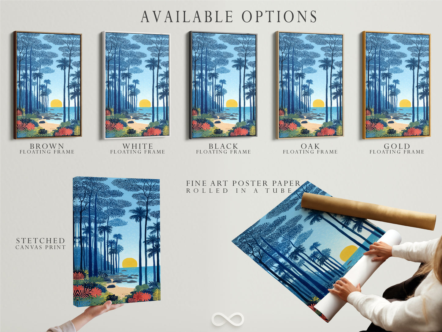 Explore the available options for this tropical beach artwork. Options include stretched canvas prints fine art poster paper and floating frames. Each option highlights the coastal seascape wall art. The indigo blue sunset and palm tree art will transform your space. Perfect for adding a touch of island art.
