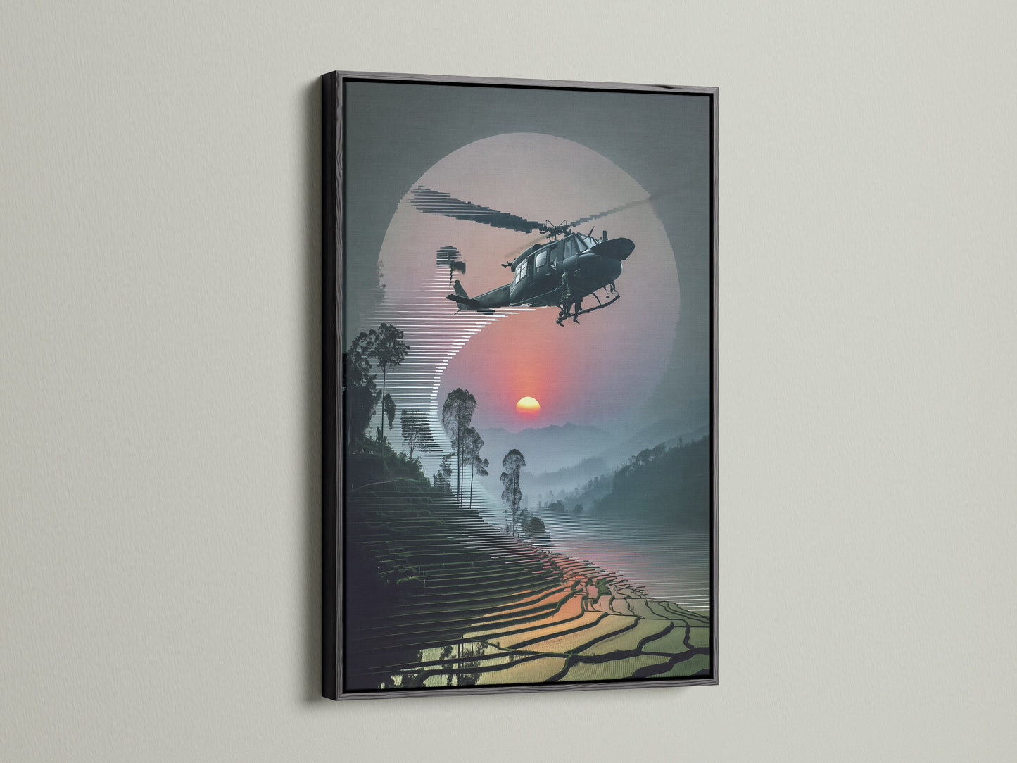 Add a sophisticated touch with Vietnam War Era Wall Art in a black frame. The helicopter artwork offers a unique sunset aviation scene. It is a perfect military aircraft print for modern interiors and man cave decor.