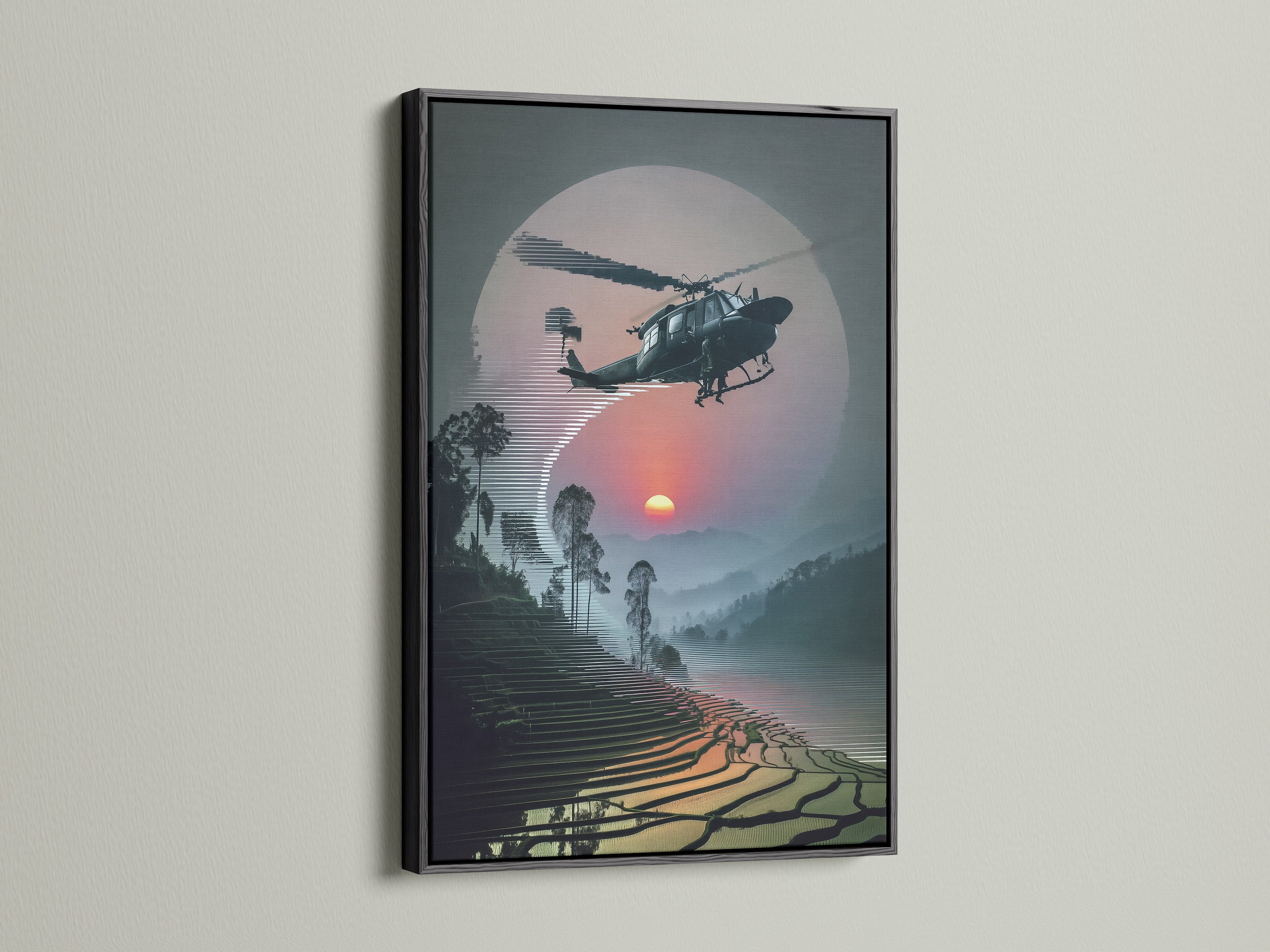 Add a sophisticated touch with Vietnam War Era Wall Art in a black frame. The helicopter artwork offers a unique sunset aviation scene. It is a perfect military aircraft print for modern interiors and man cave decor.