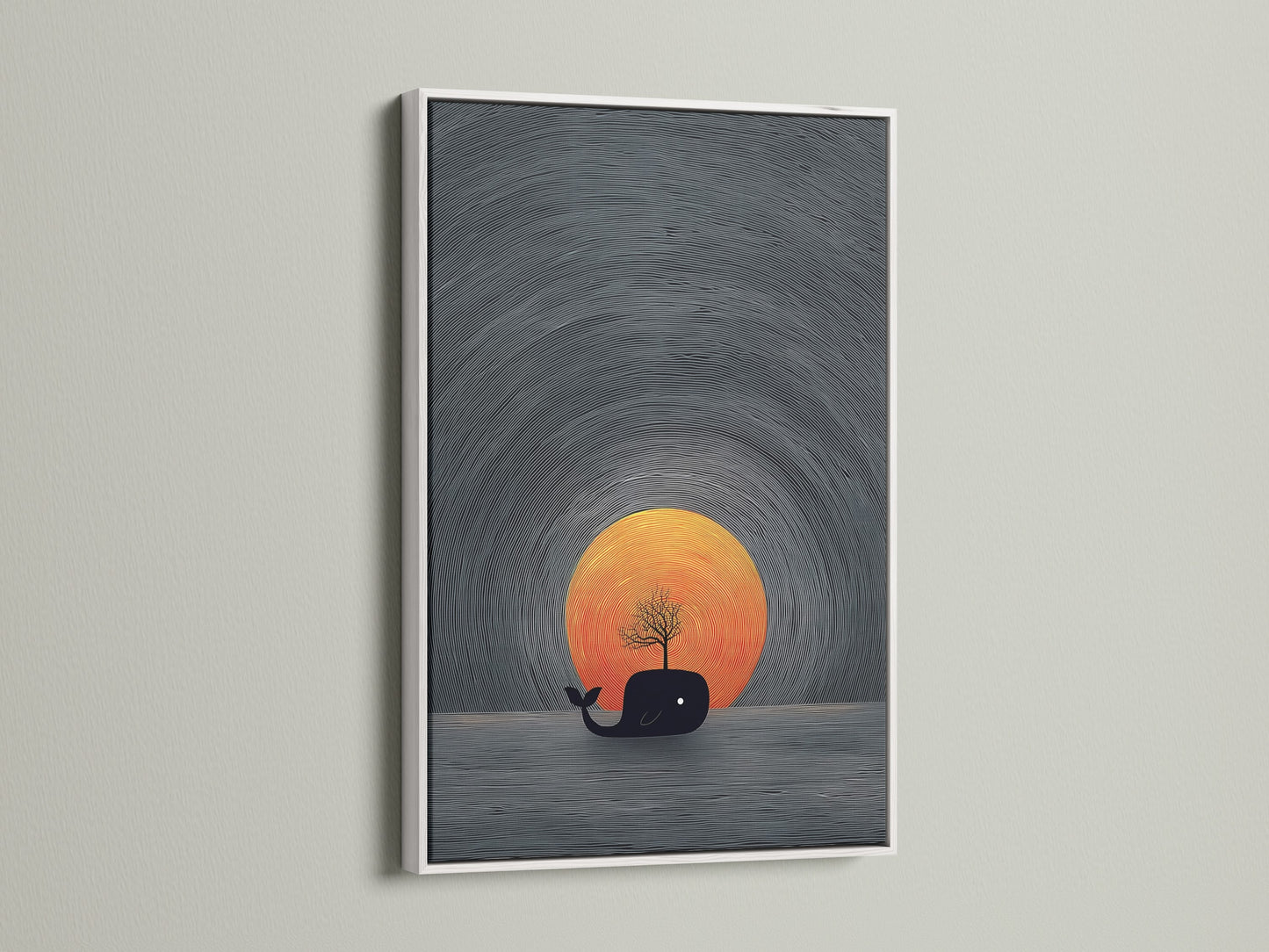 A white frame showcases a beautiful whale artwork print. The sunset canvas art adds a touch of minimalist charm to any space. Ideal for coastal themed rooms. This fine art print is a perfect addition to your wall decor.