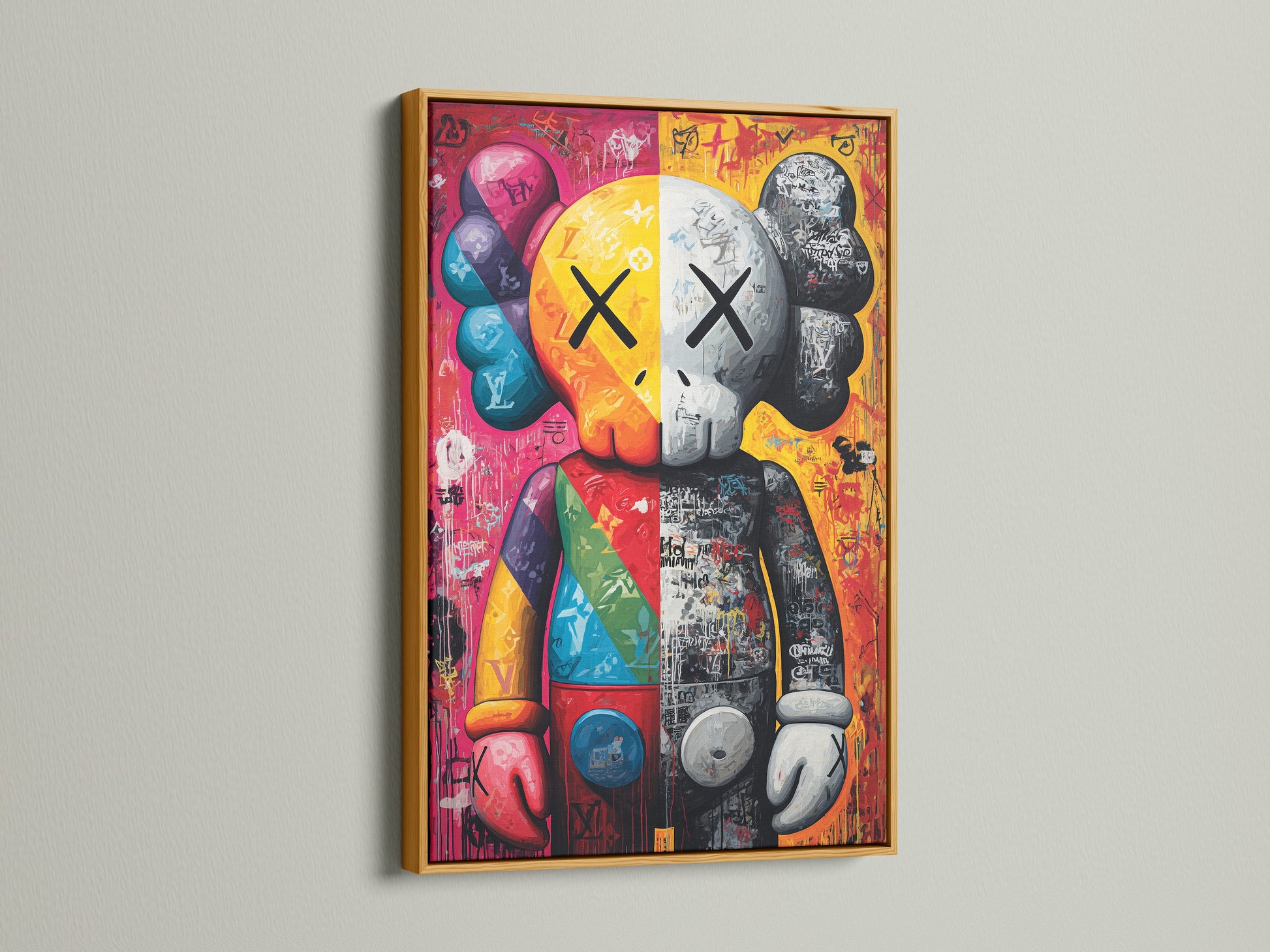 KAWS Companion artwork presented in a gold frame. The street art canvas exudes luxury. The pop art wall decor elevates your home art decor. Graffiti artwork for designer art print collectors.
