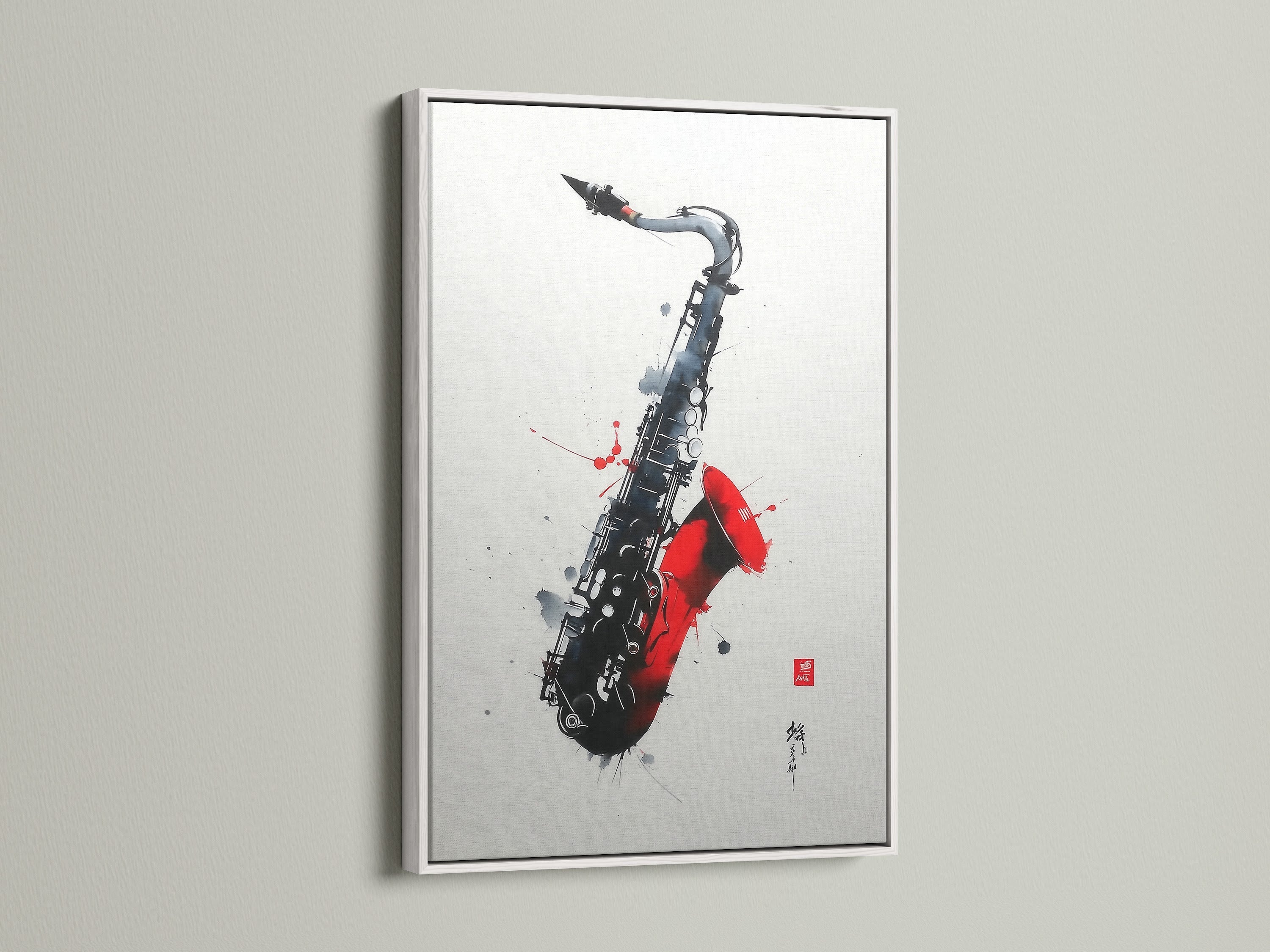 Admire this saxophone art in a white frame. This music canvas print offers a clean look. Ideal for modern music room decor. The red abstract art pops. Elevate your space with this jazz art print today. A perfect choice for any home.