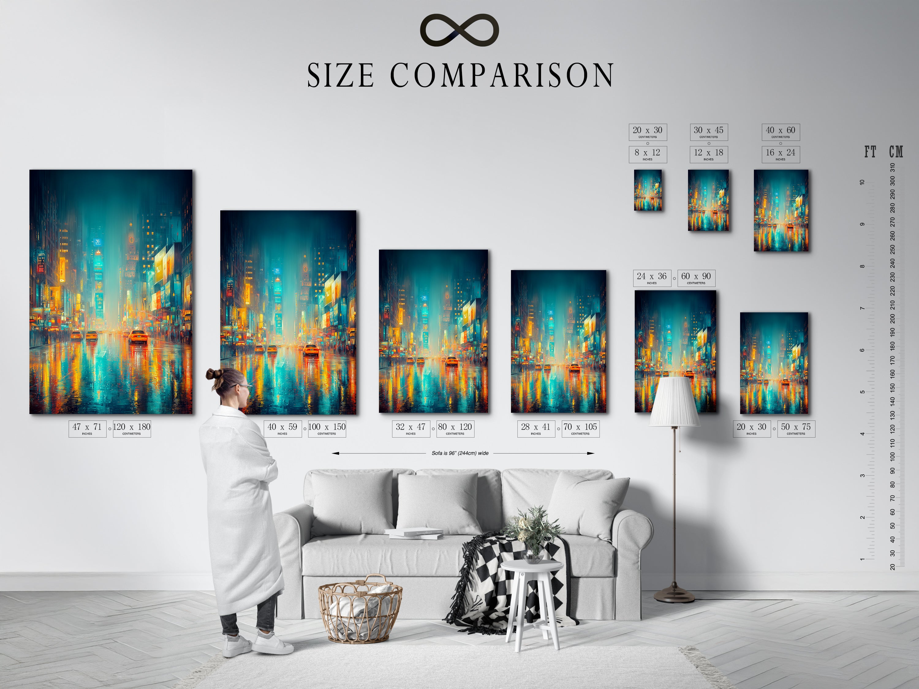 A size comparison chart is displayed in an interior setting. This features the Rainy Night Cityscape artwork. Visualize the ideal size for your space. Transform your living room or office with our modern artwork and urban canvas art.