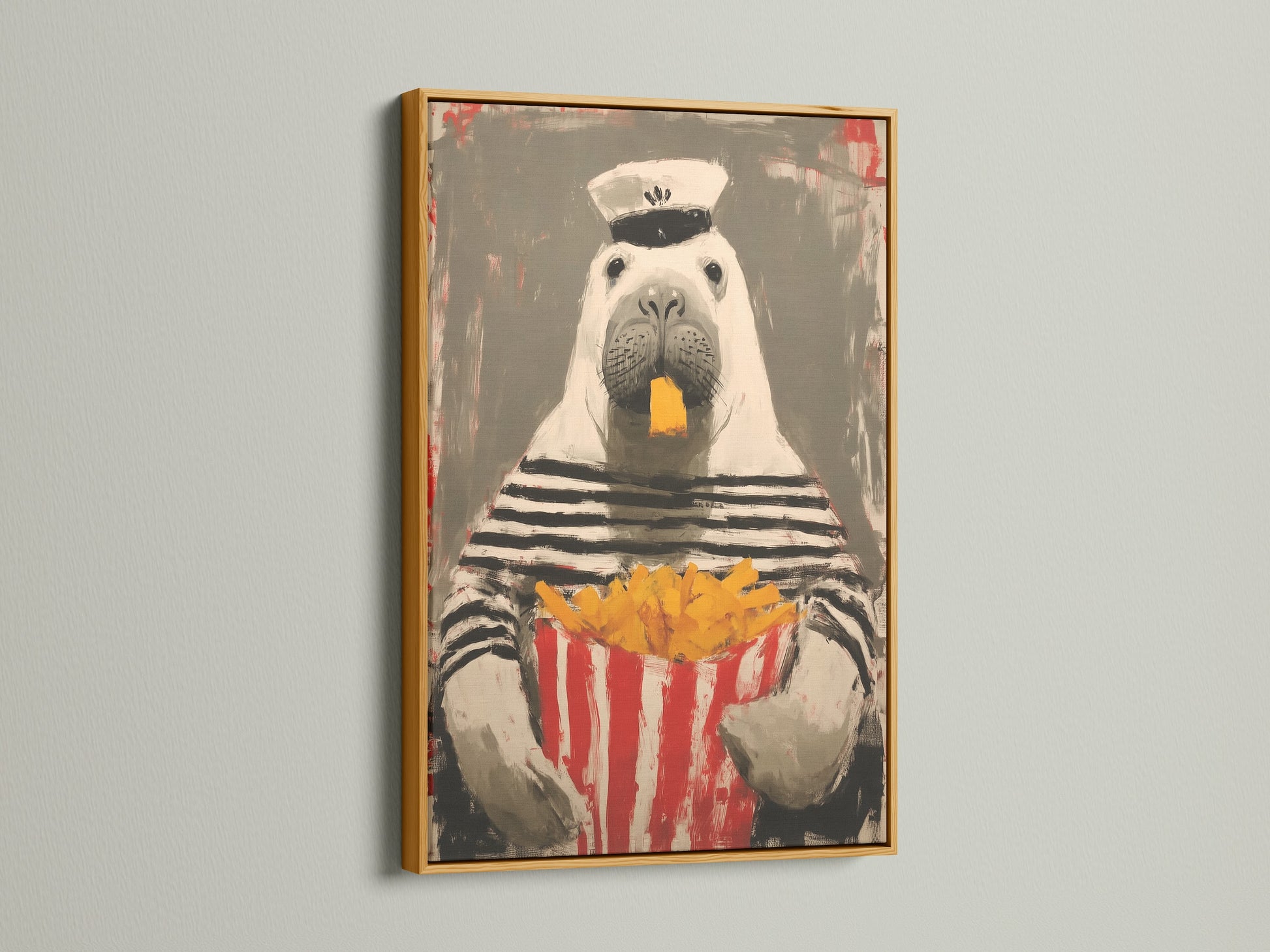 The sailor walrus artwork is presented in a gold frame. The metallic accent adds a luxurious touch. This whimsical canvas art is sure to impress. It brings a unique style to your space. This artwork is a great gift.