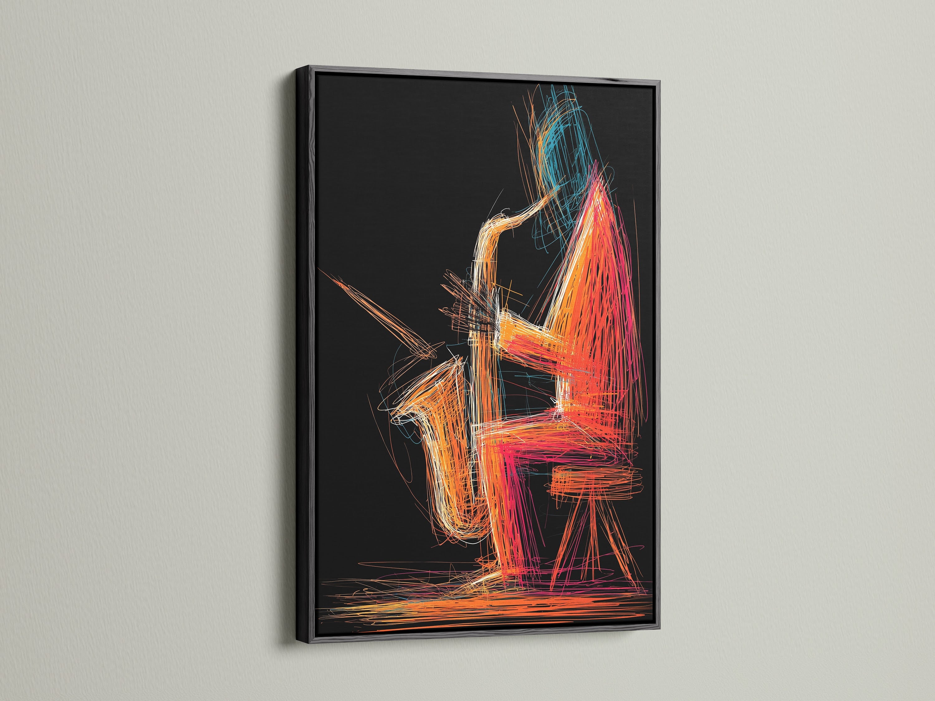 See the Jazz Saxophone Art Print with a classic black frame. This abstract music art is versatile for any decor. The contrast of the frame enhances the artwork's vibrancy. A great gift for musicians and teachers.