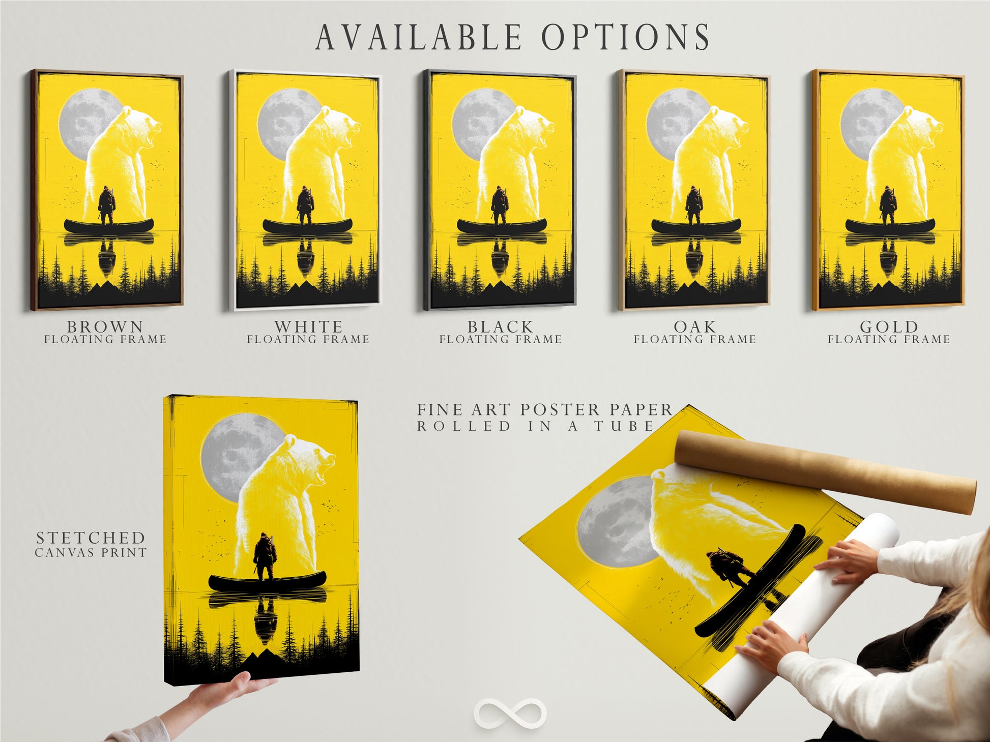 Available Options for Grizzly Bear and Hunter Canoe Artwork. Choose from stretched canvas fine art poster paper or floating frame. Customize your artwork to match your style. The yellow wildlife art print is versatile for any room.