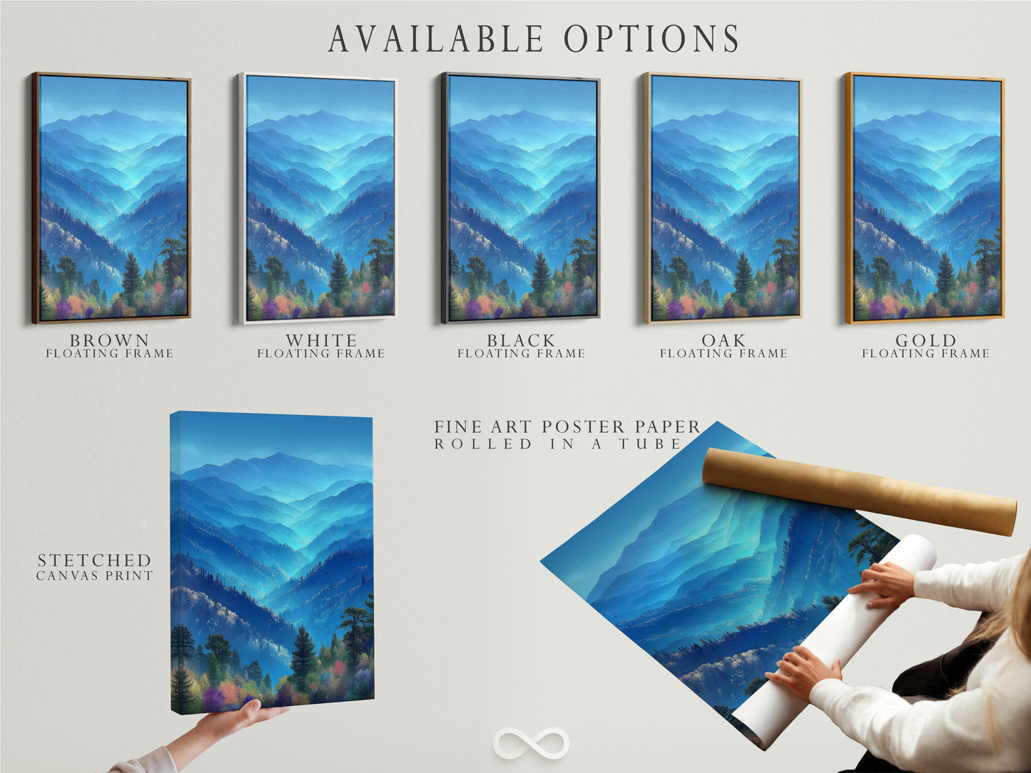 Explore available options for Blue Ridge Mountains artwork. Choose from stretched canvas prints fine art poster paper and floating frames. Customize your selection to match your style. Perfect for modern decor nature prints and landscape wall art.